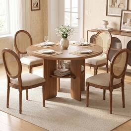 Bestier - Modern Dining Table with Built-in Storage, Metal-Wrapped Wood Legs, Stable Triangular Base - Brown Oak