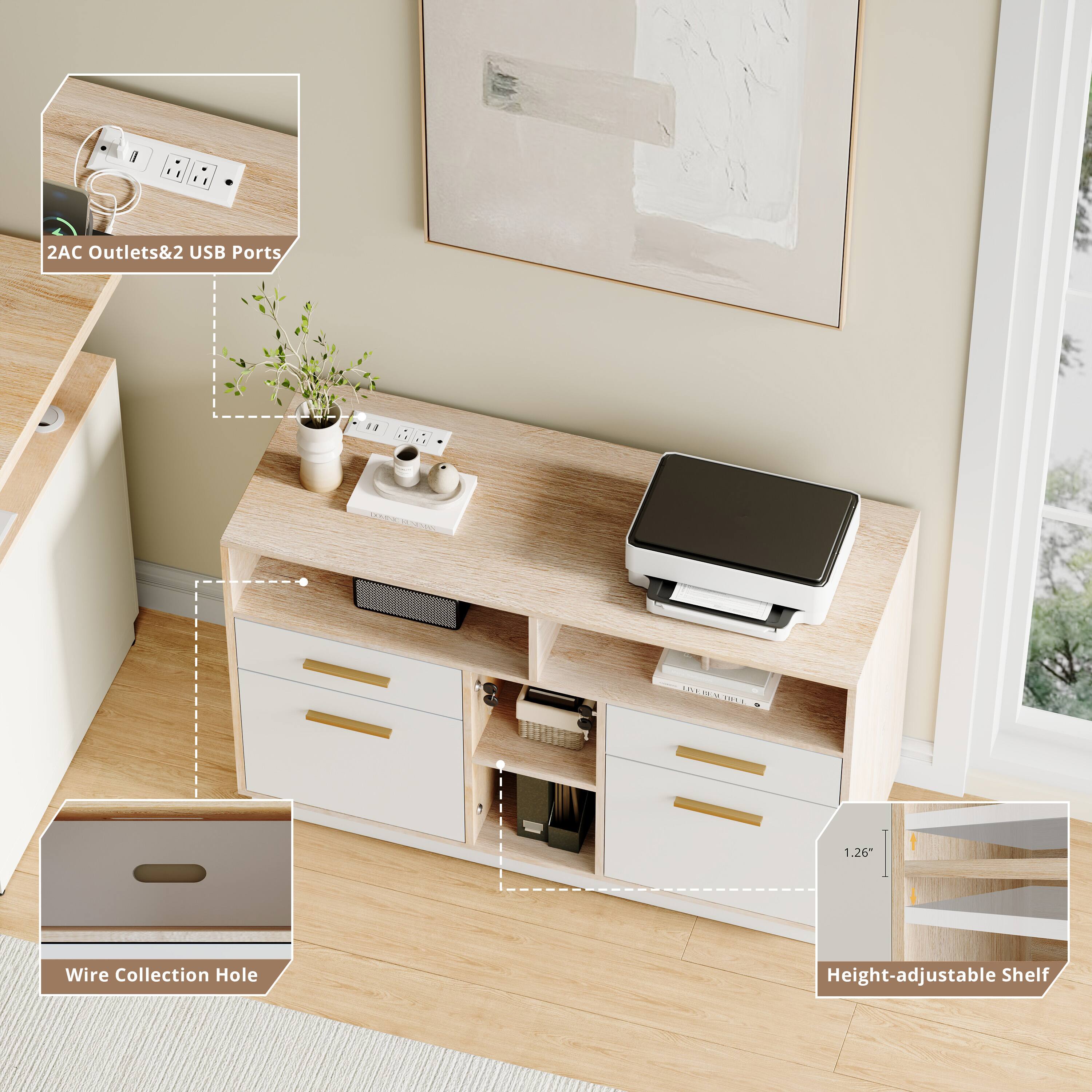- 2AC Outlets & 2 USB Ports
- Wire Collection Hole
- Height-adjustable Shelf (1.26")