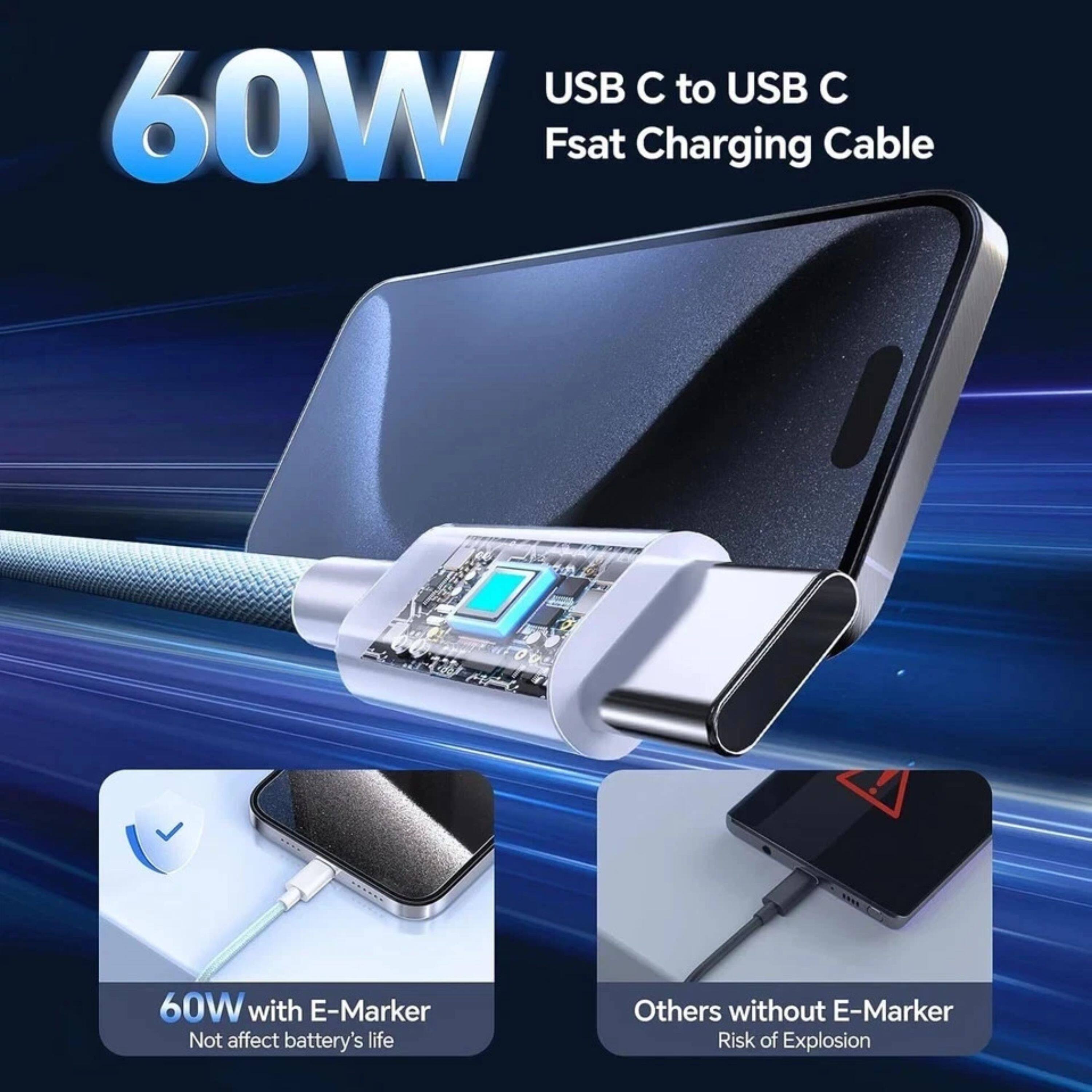USB C to USB C 60W Fsat Charging Cable 60W with E-Marker Not affect battery's life Others without E-Marker Risk of Explosion