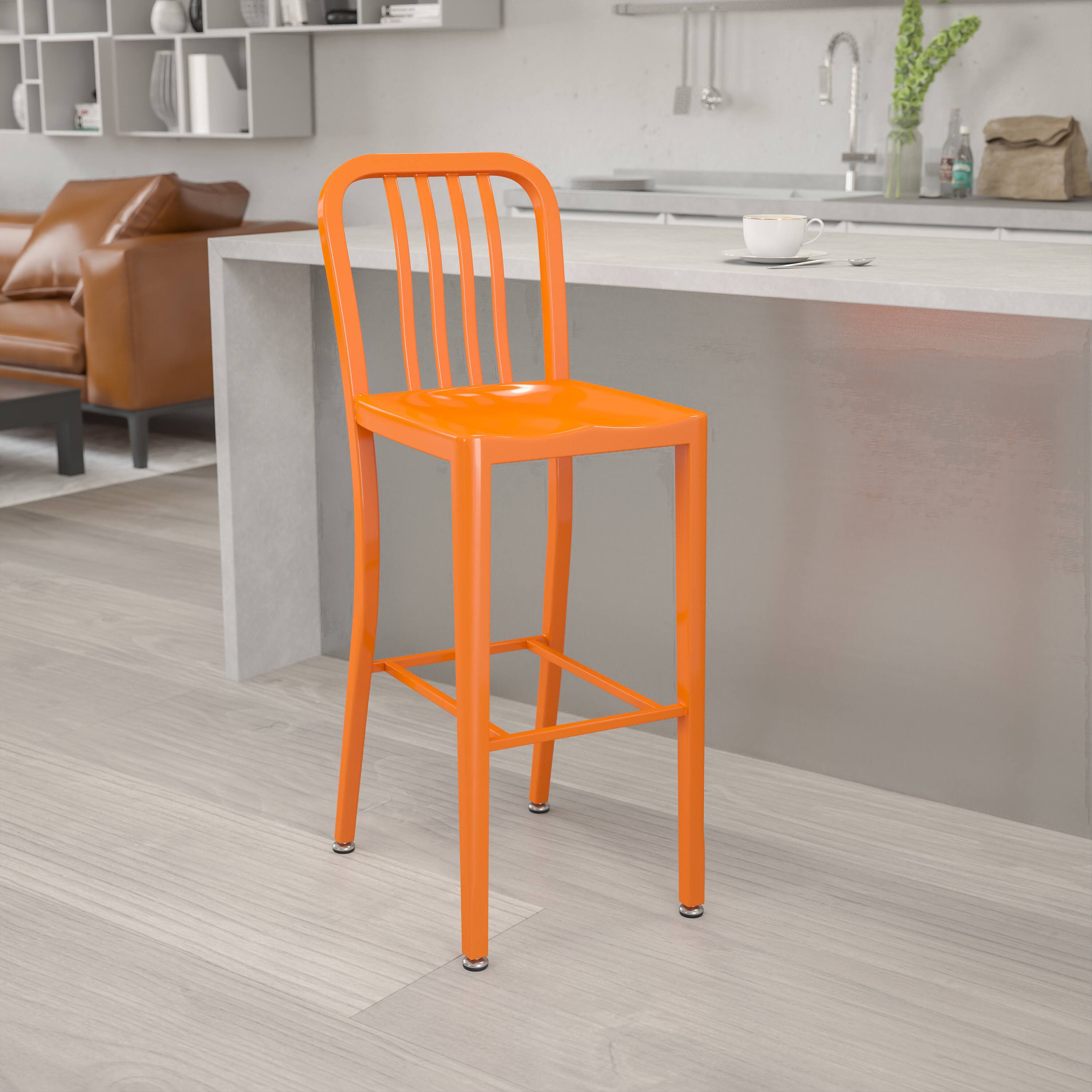 Alt View 1. Emma + Oliver - Commercial Grade 30"H Colorful Metal Indoor-Outdoor Vertical Slat Back Barstool - Orange.