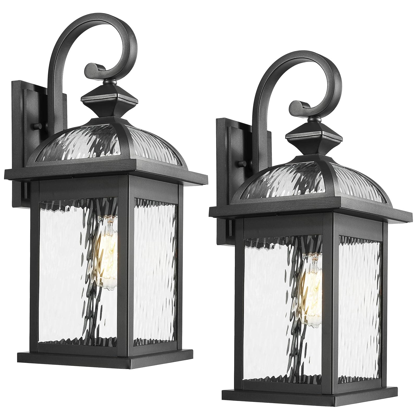 TECH SAFARI - Outdoor Lights Fixtures Wall Mount Sconce With Seeded Glass Waterproof Outside Exterior Fixture For House F - Black-Water Ripple Glass 22", 2 pack