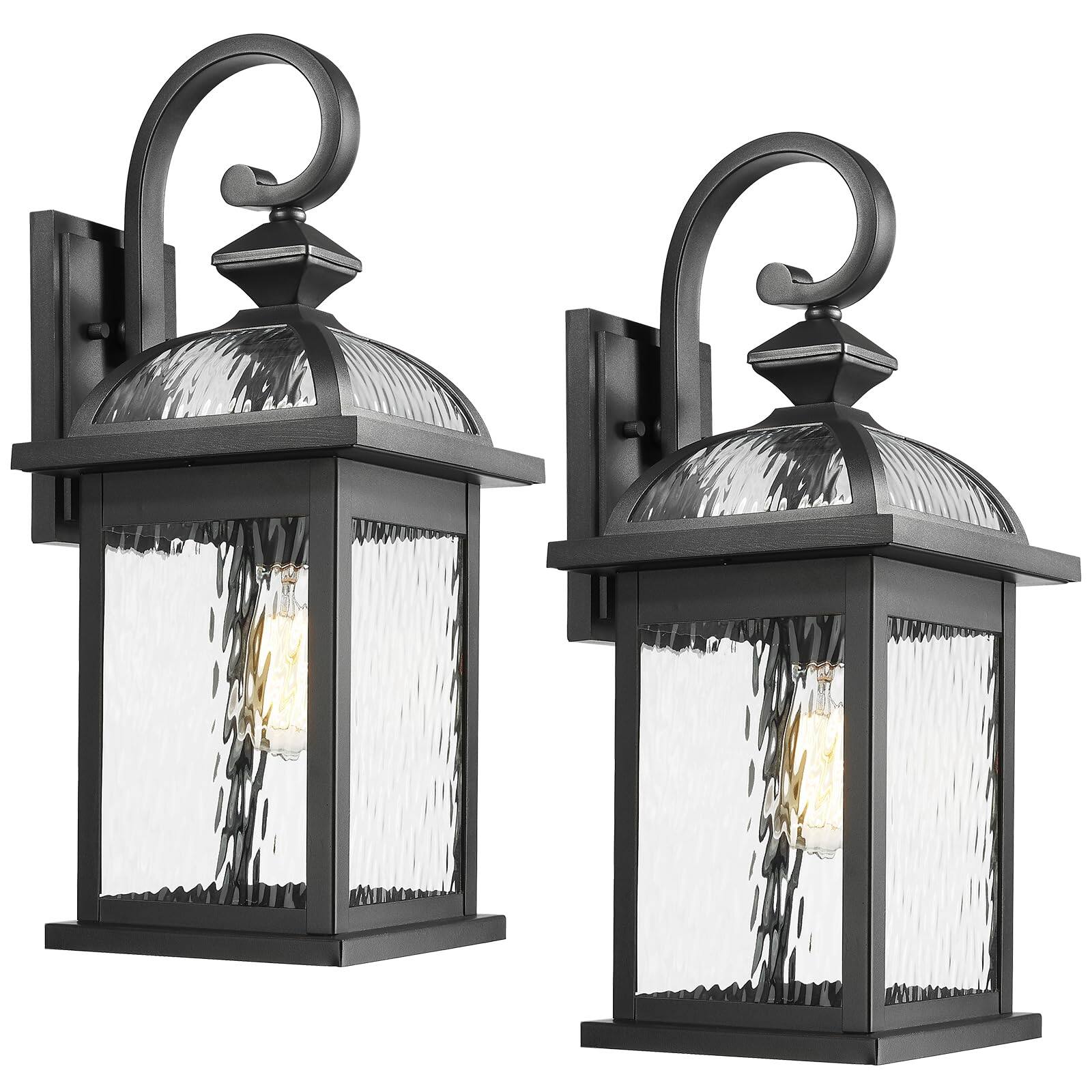 Front. TECH SAFARI - Outdoor Lights Fixtures Wall Mount Sconce With Seeded Glass Waterproof Outside Exterior Fixture For House F - Black-Water Ripple Glass 22", 2 pack.