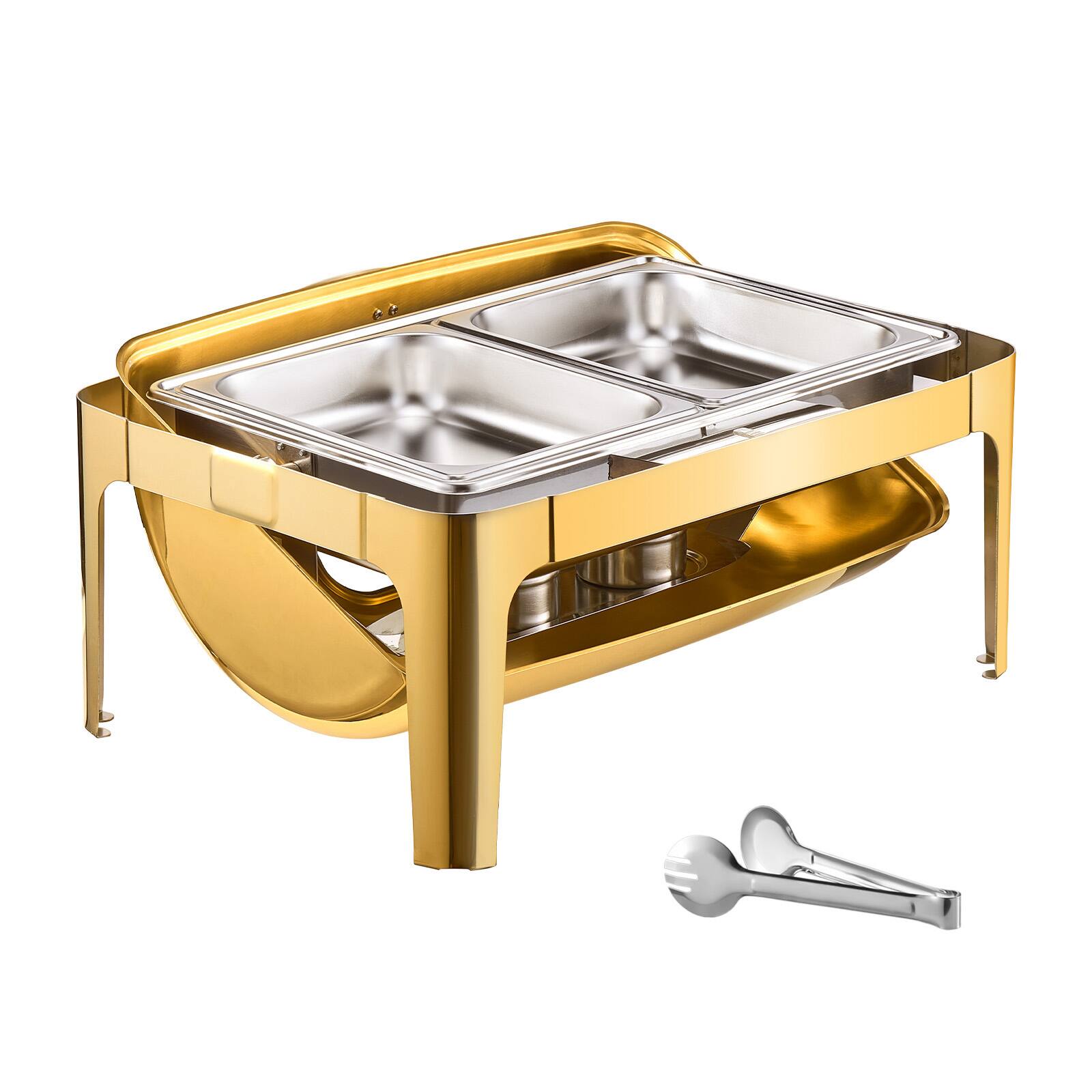 VEVOR - Roll Top Chafing Dish Buffet Set, 9Qt Stainless Steel Chafer with Full Size Pan, Rectangle Catering Warmer Server - Gold