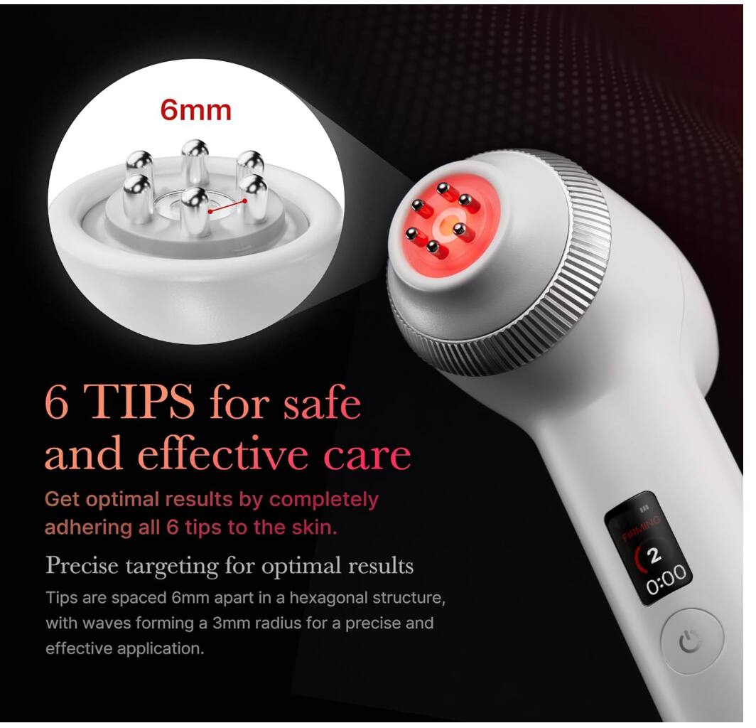 6mm

6 TIPS for safe and effective care

Get optimal results by completely adhering all 6 tips to the skin.

Precise targeting for optimal results
Tips are spaced 6mm apart in a hexagonal structure, with waves forming a 3mm radius for a precise and effective application.