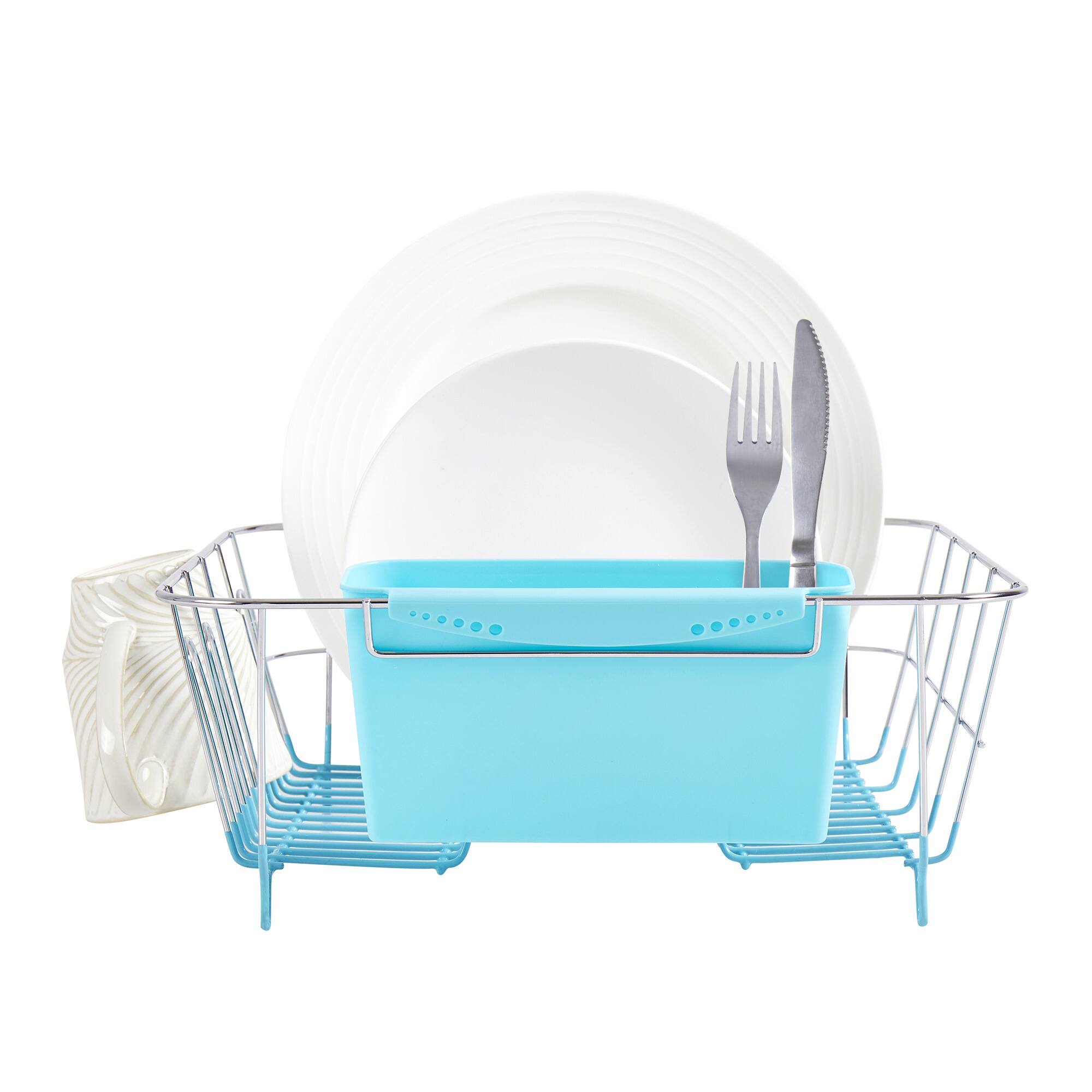 Angle. Sweet Home Collection - Chrome Plated Steel 2-Piece Small Compact Dish Drainer - Turquoise.