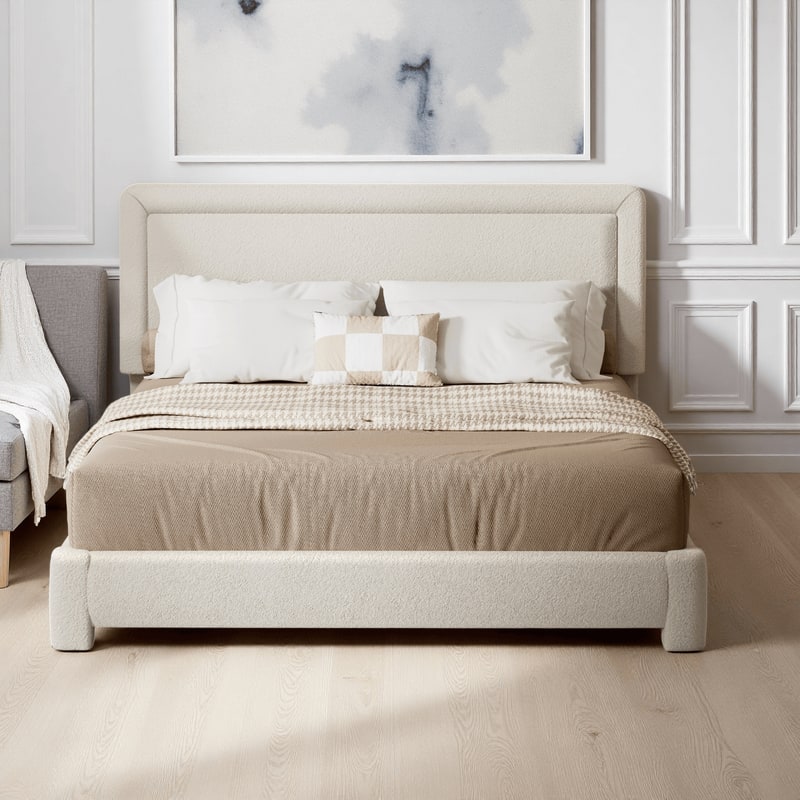 Dyonery - Full-size bed frame, modern Cream bed frame with adjustable headboard, rounded soft corners,easy assembly. - Beige