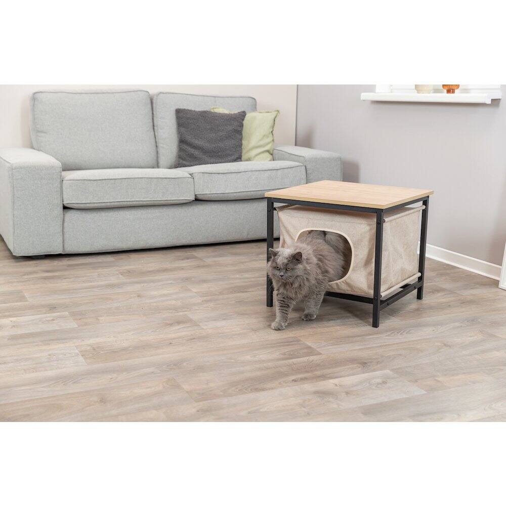 Angle. TRIXIE - Emmie Indoor Cat Condo, Cat Bed Side Table, Cat Hideaway Cave with Cozy Cushion - Beige.
