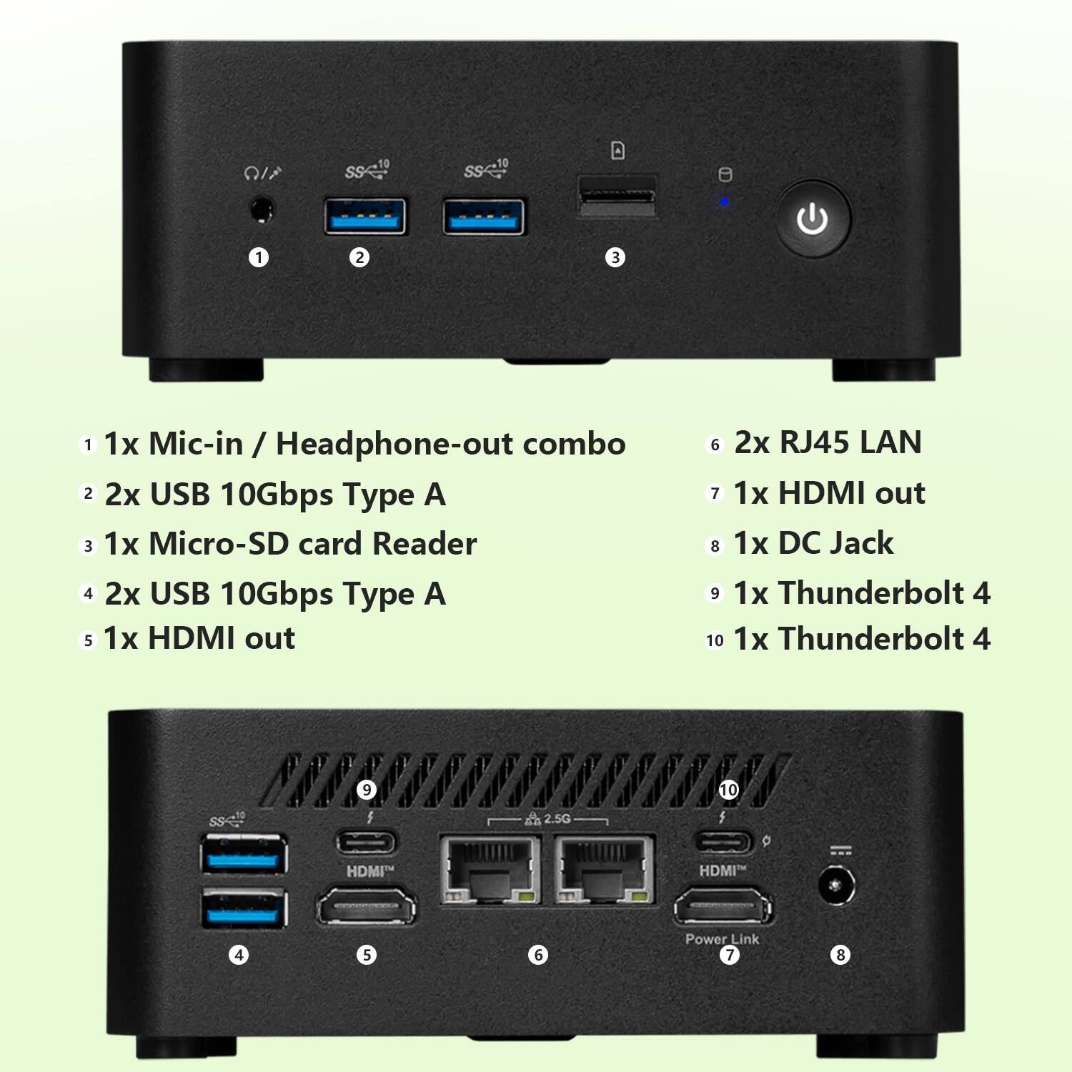 1. 1x Mic-in / Headphone-out combo  
2. 2x USB 10Gbps Type A  
3. 1x Micro-SD card Reader  
4. 2x USB 10Gbps Type A  
5. 1x HDMI out  
6. 2x RJ45 LAN  
7. 1x HDMI out  
8. 1x DC Jack  
9. 1x Thunderbolt 4  
10. 1x Thunderbolt 4