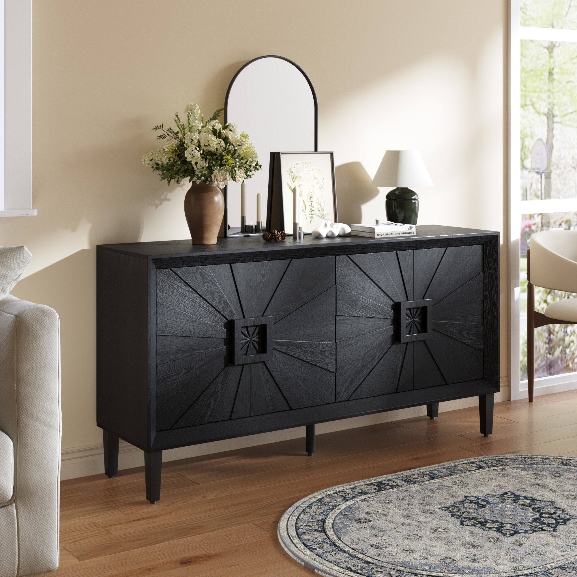Alt View 3. Boyel Living - Sixty Inch Farmhouse Black Credenza with Sunburst Doors Adjustable Shelves Heavy Duty TV Stand - Black.