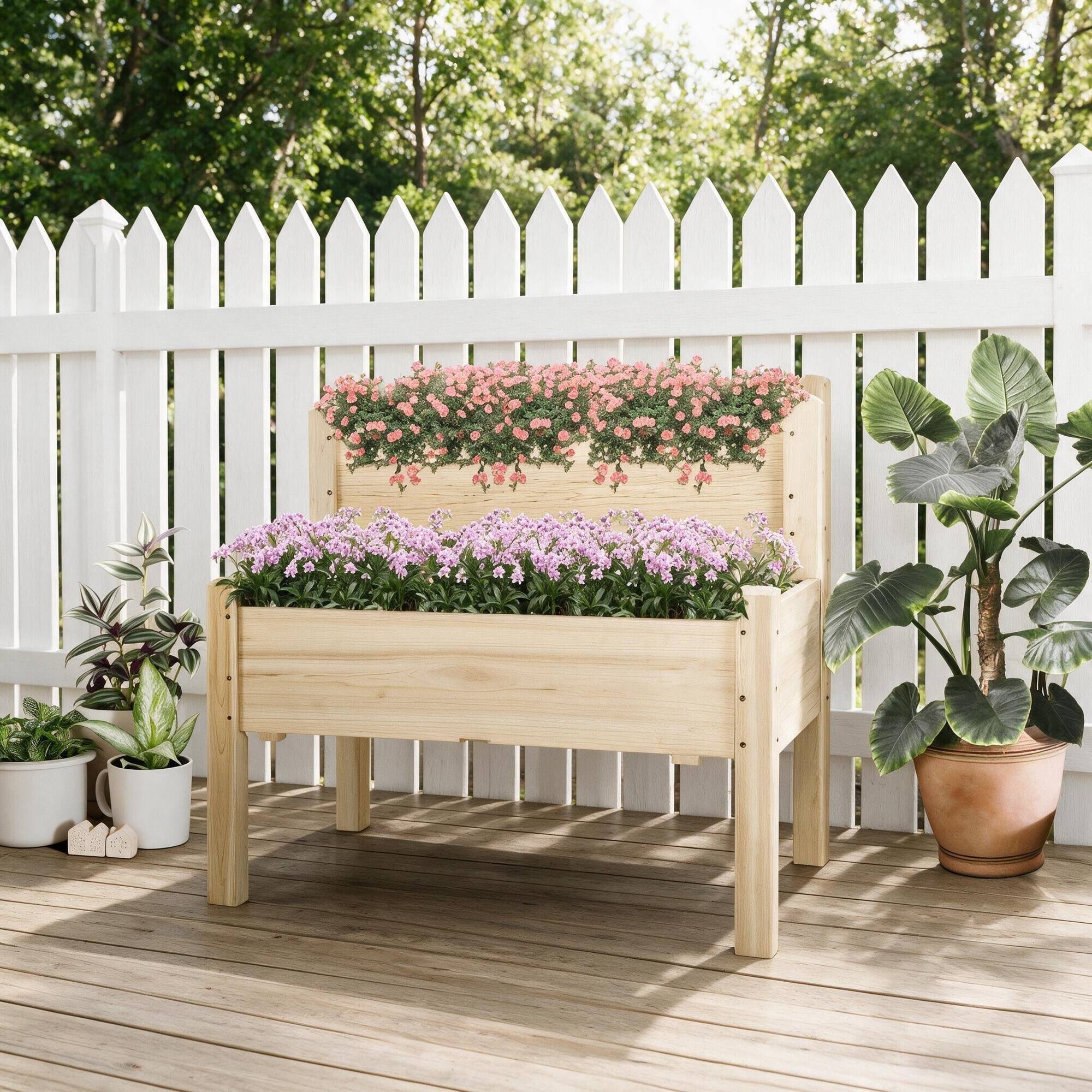 Back. RYHNUYNE - Outsunny 34"x34"x28" Two-Tier Raised Garden Bed, Solid Fir Wood Elevated Planter Box for Vegetables, Herbs, - Natural.
