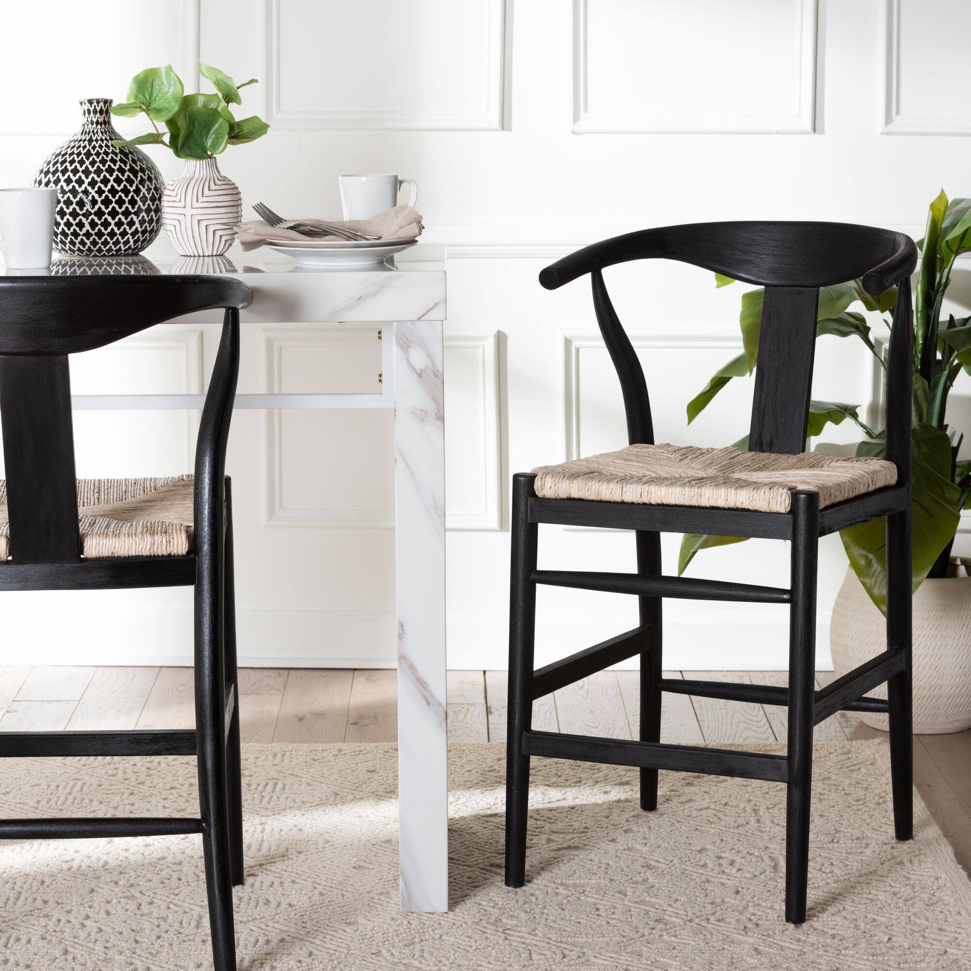 Alt View 4. bali & pari - Fika Wishbone Counter Stool with Handwoven Seagrass Seat - Mahogany Wood Frame Counter Height Seating - Black/Natural Brown.