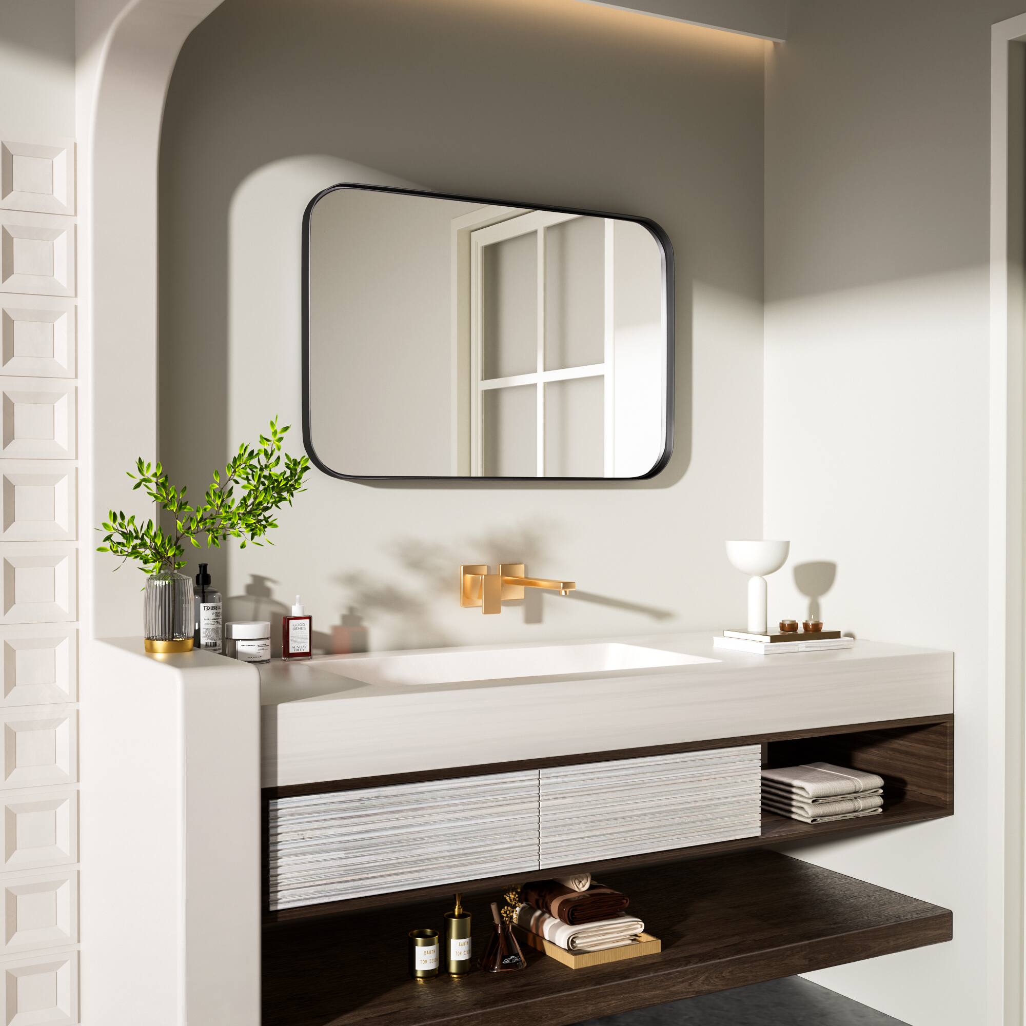 Alt View 12. LOVMOR - Tempered Glass Rounded Rectangle Framed Wall-Mounted Bathroom Vanity Mirror - 20" x 30" - Black.