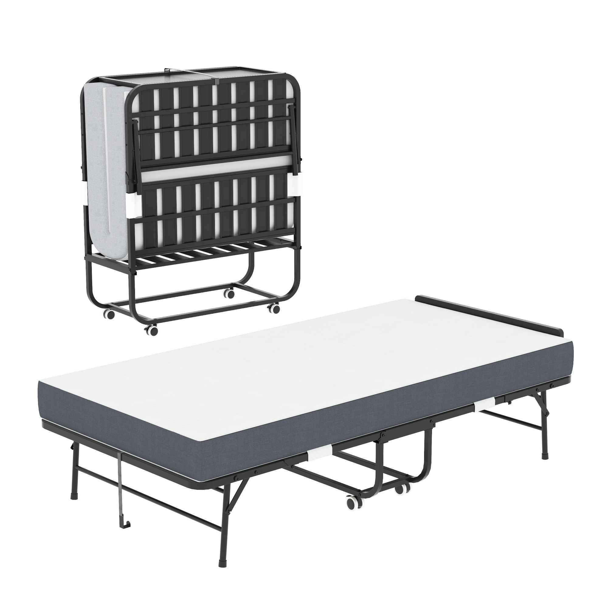 Front. GOODSILO - Extra Long Folding Bed with Adjustable Headrest and Memory Foam Mattress, Heavy-Duty Portable Guest Bed on Wheels - Black.