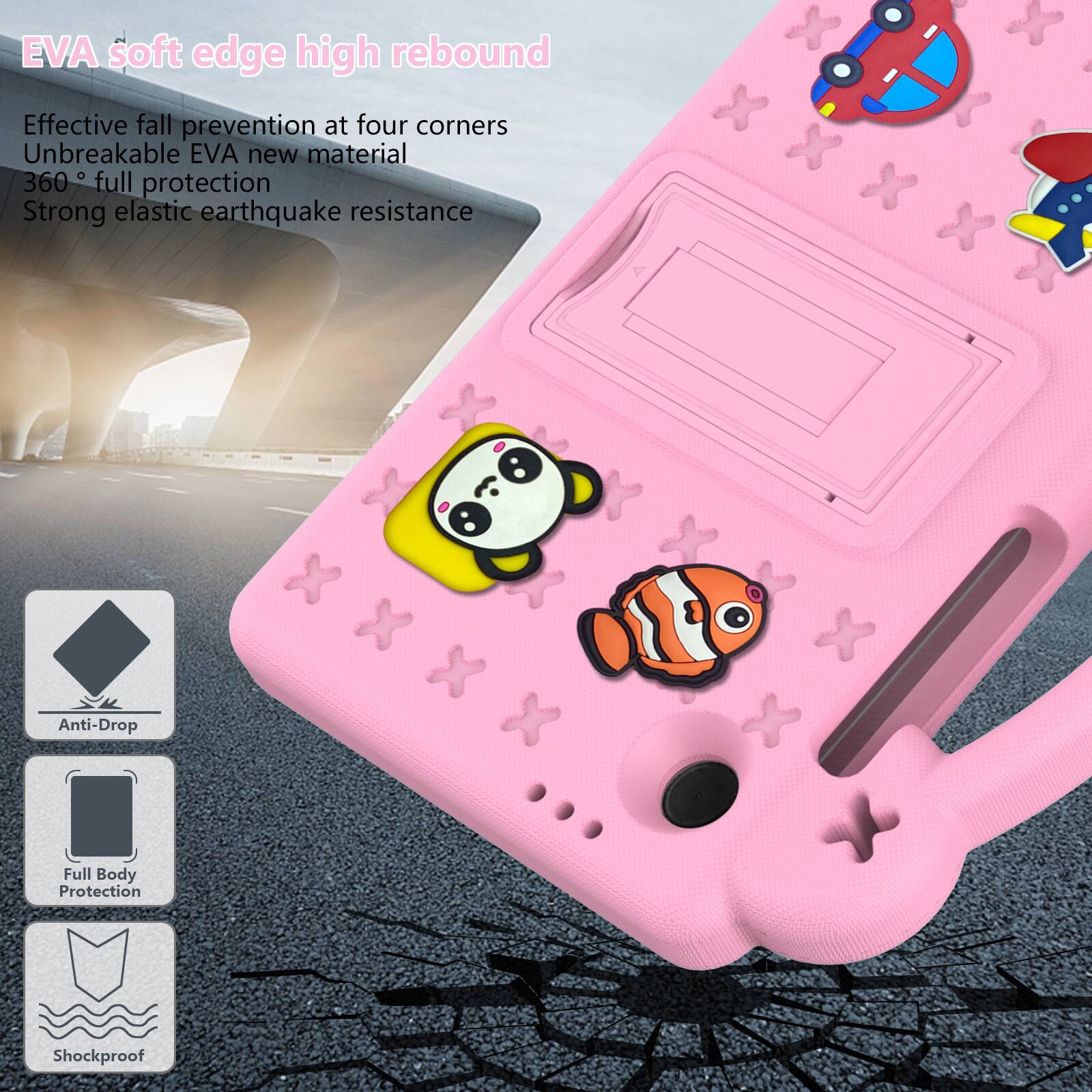 EVA soft edge high rebound  
Effective fall prevention at four corners  
Unbreakable EVA new material  
360° full protection  
Strong elastic earthquake resistance  

Anti-Drop  
Full Body Protection  
Shockproof