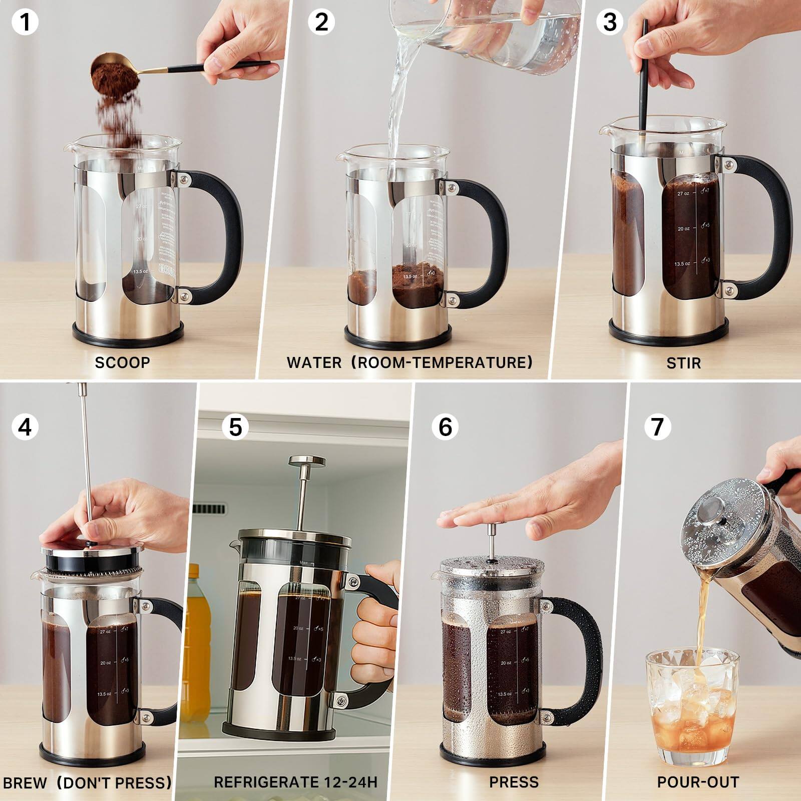 1. SCOOP  
2. WATER (ROOM-TEMPERATURE)  
3. STIR  
4. BREW (DON'T PRESS)  
5. REFRIGERATE 12-24H  
6. PRESS  
7. POUR-OUT