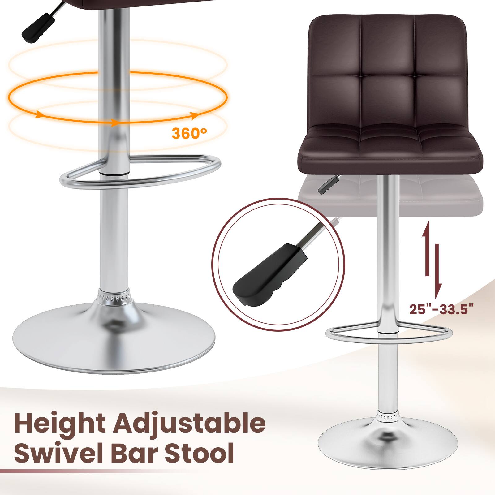 Height Adjustable Swivel Bar Stool, 25"-33.5", 360°