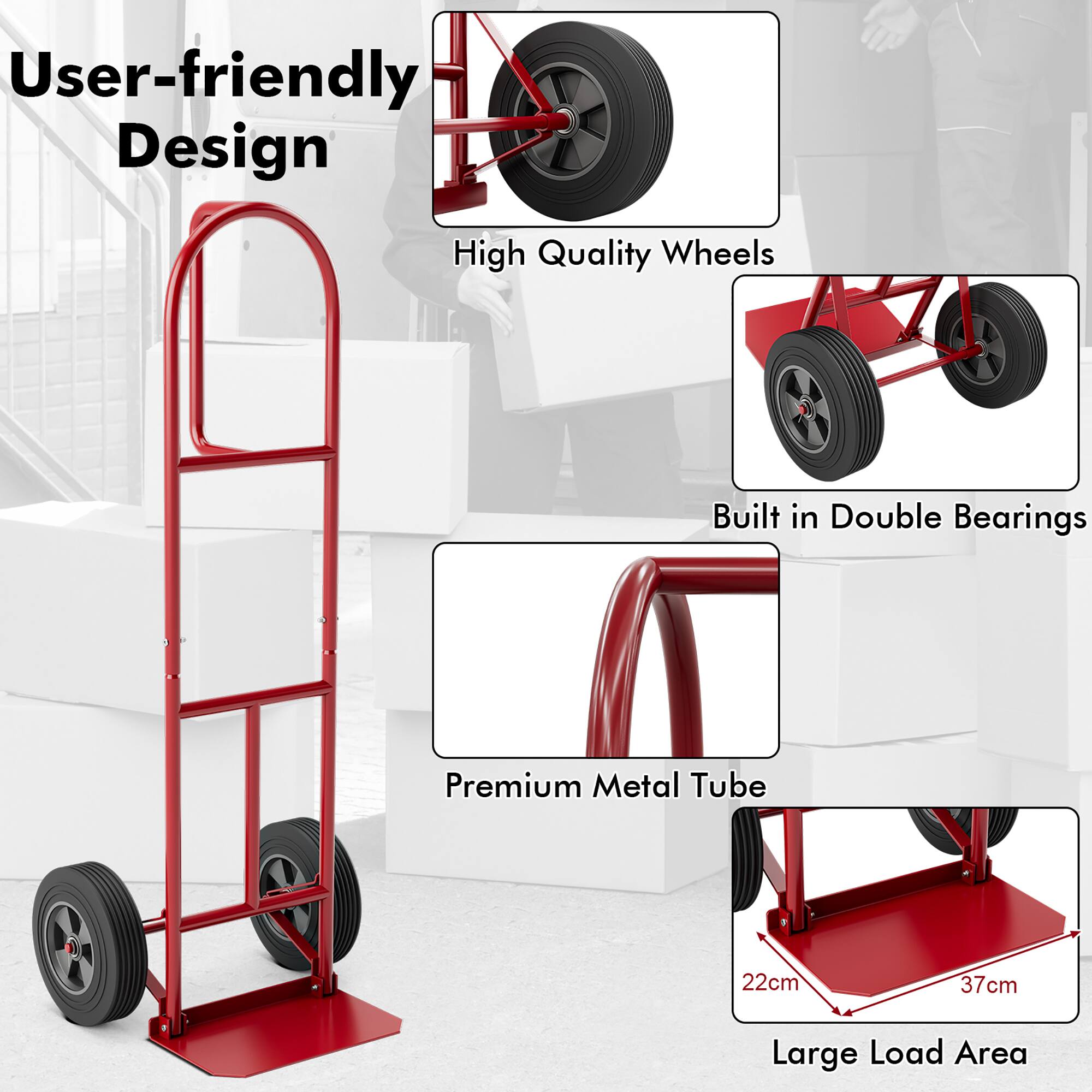 The text on the image is grouped and corrected as follows:

User-friendly Design: High Quality Wheels: Built-in Double Bearings: Premium Metal Tube: 22cm: 37cm: Large Load Area