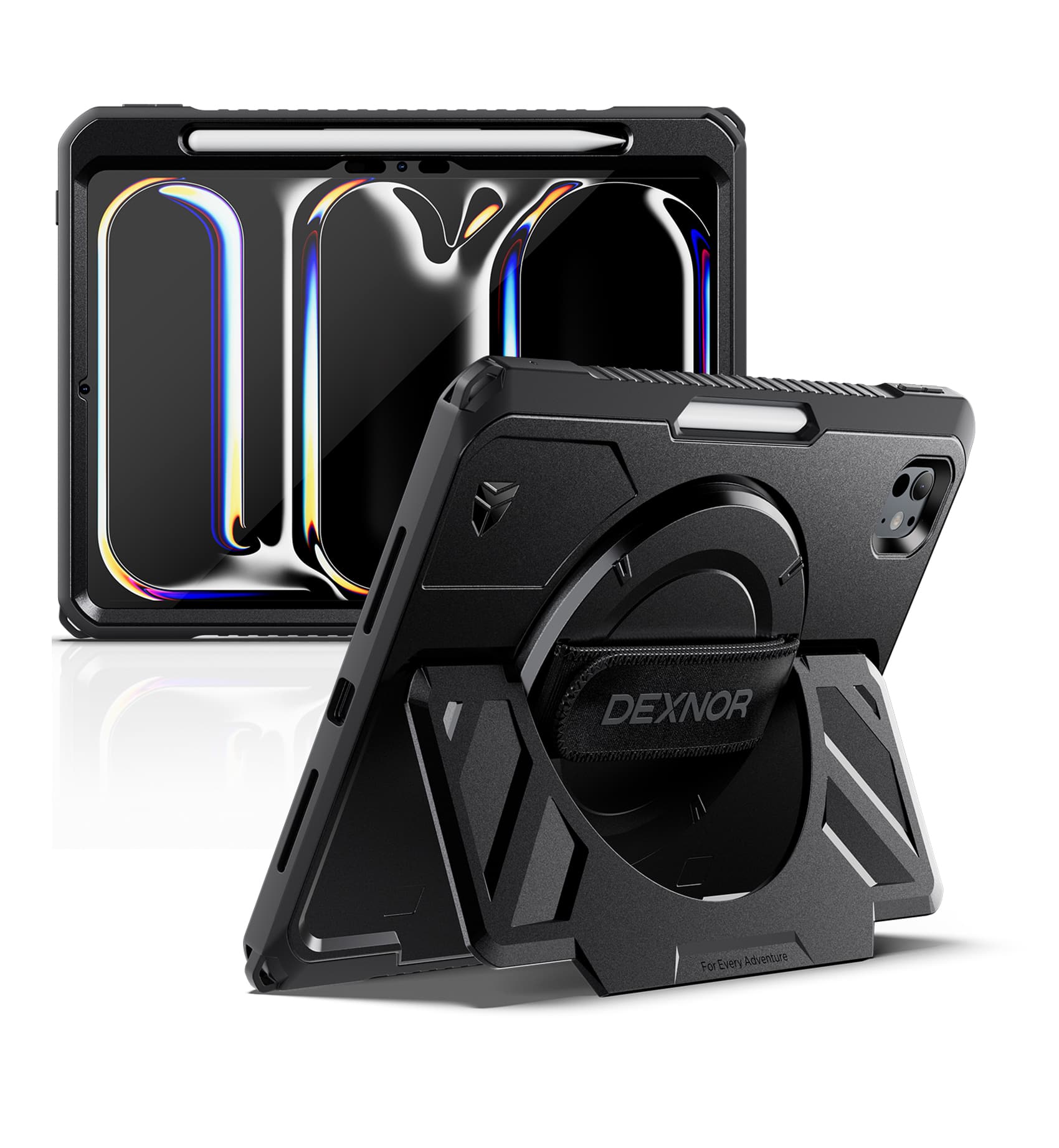 Dexnor - Case for iPad Pro 11 inch M5 2025/M4 2024 with Hand Strap, Screen Protector, Pencil Holder Shockproof Bumper Cover - Black