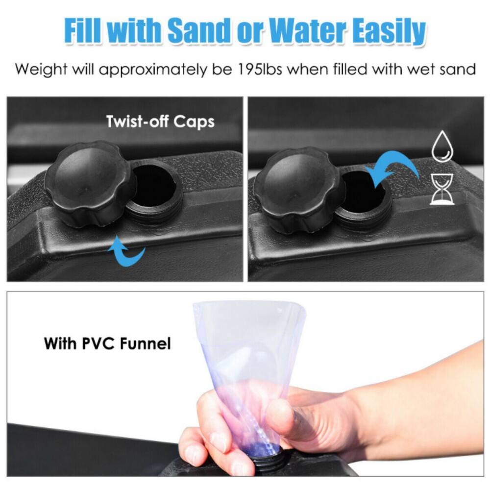 Fill with Sand or Water Easily  
Weight will approximately be 195lbs when filled with wet sand  

Twist-off Caps  

With PVC Funnel