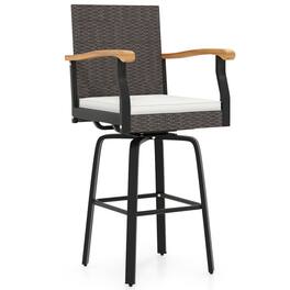 Mondawe - Outdoor 360° Swivel Bar Stool with Cushion and Acacia Wood Armrests - Brown