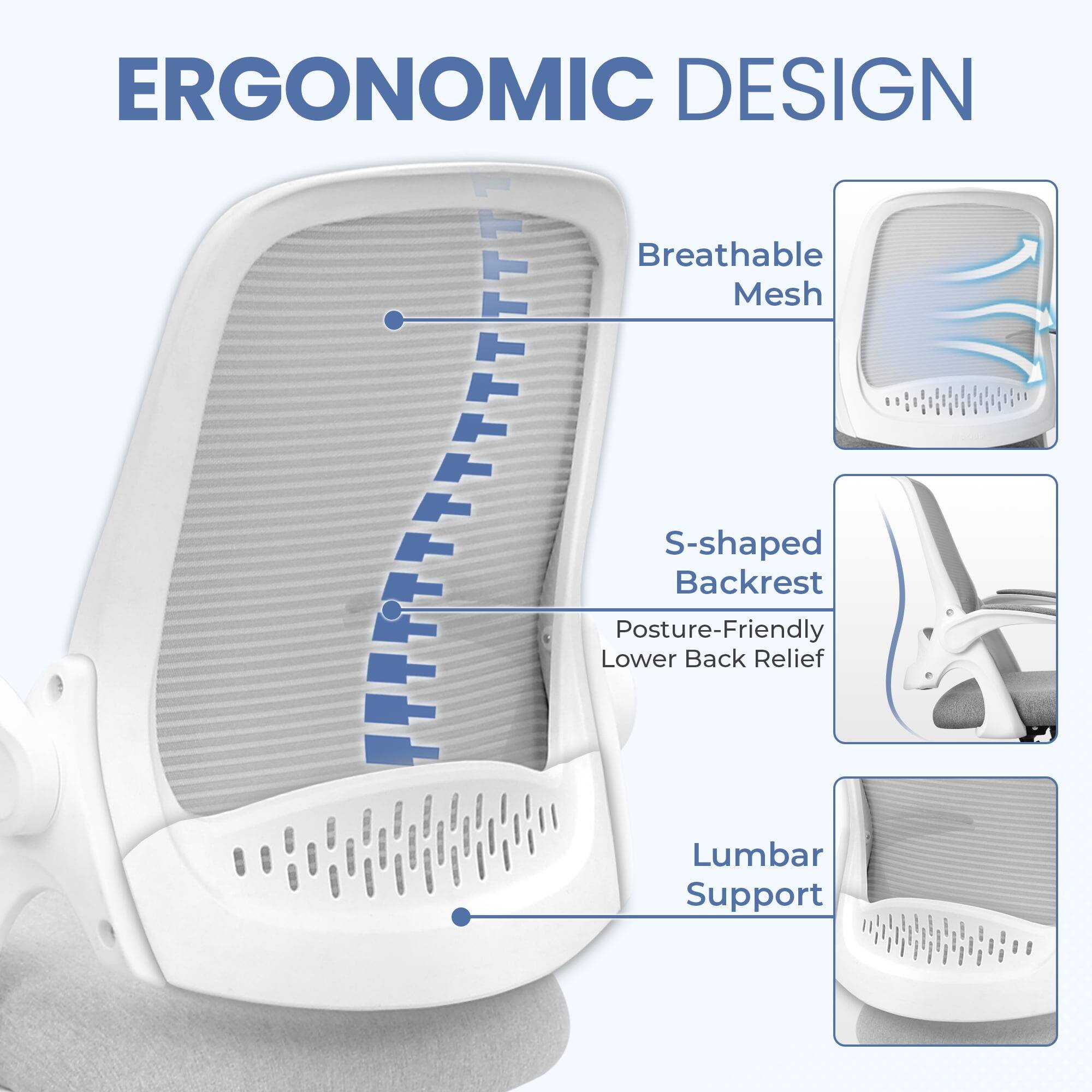 ERGONOMIC DESIGN

- Breathable Mesh
- S-shaped Backrest
- Posture-Friendly Lower Back Relief
- Lumbar Support