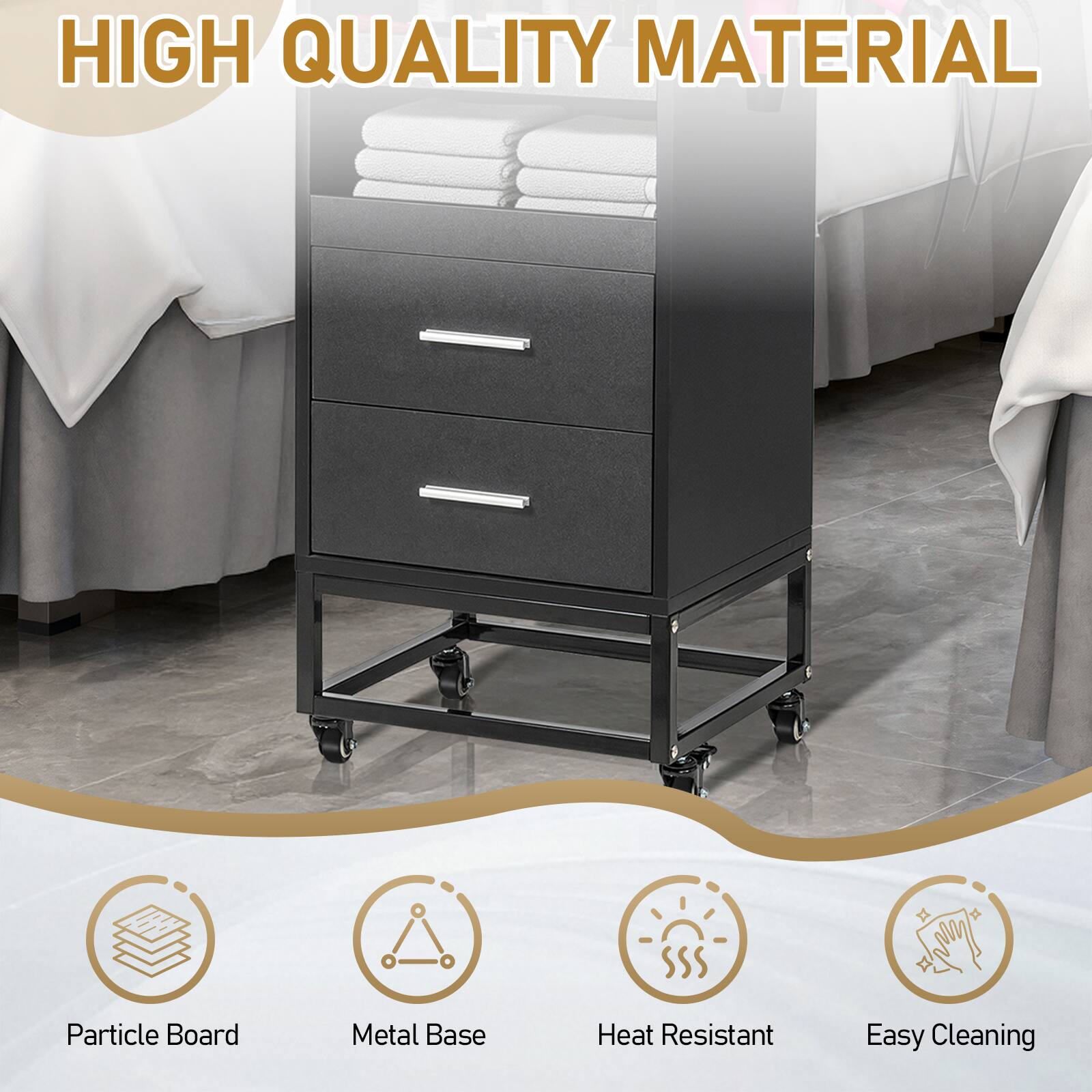 HIGH QUALITY MATERIAL

- Particle Board
- Metal Base
- Heat Resistant
- Easy Cleaning