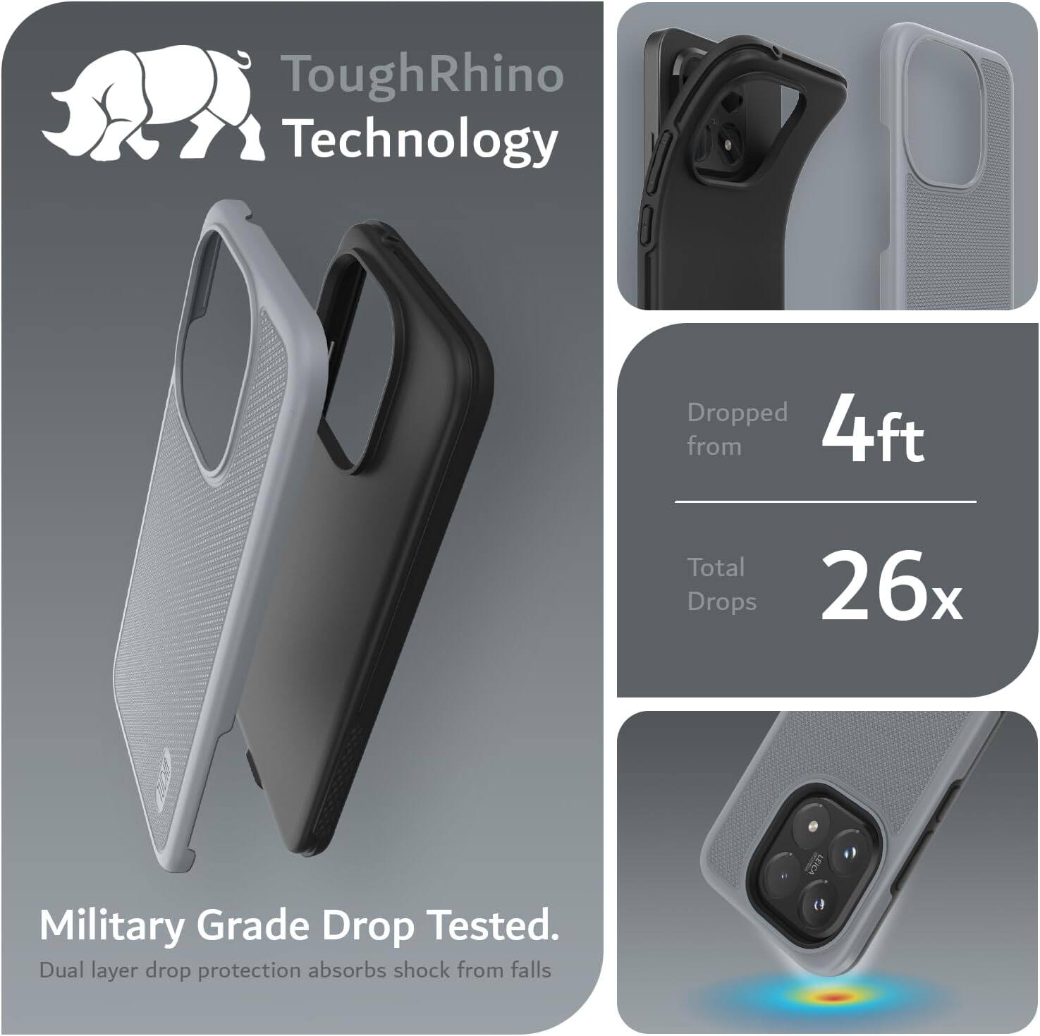 ToughRhino Technology Dropped from 4ft Total Drops 26x Military Grade Drop Tested. Dual layer drop protection absorbs shock from falls