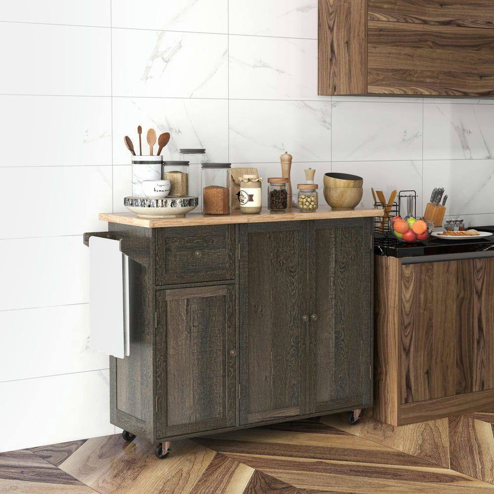 Left. Kadyn - Triple Cabinet Rolling Kitchen Island on Locking Wheels with Adjustable Shelf - Brown.