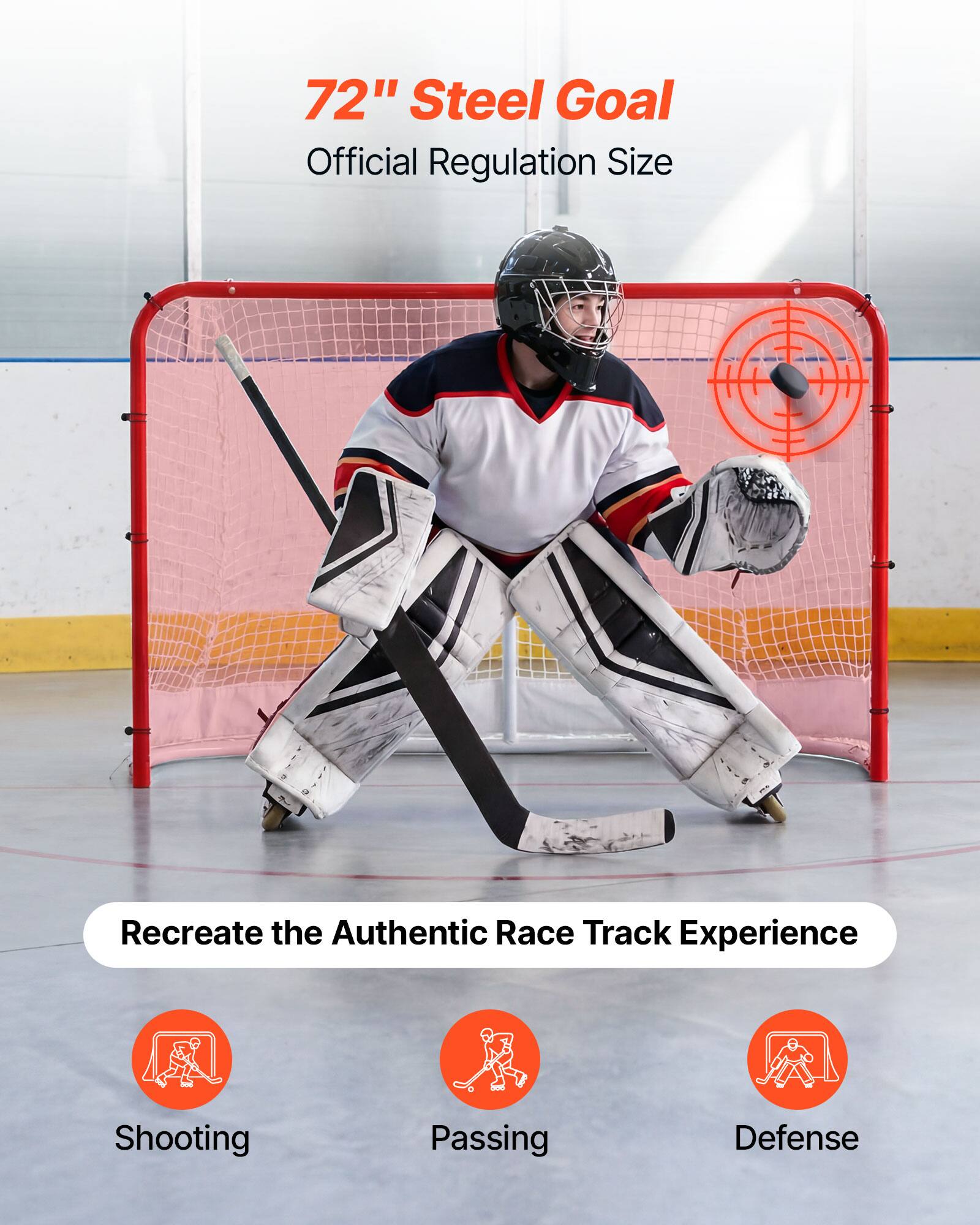 72" Steel Goal  
Official Regulation Size  

Recreate the Authentic Race Track Experience  

Shooting  
Passing  
Defense