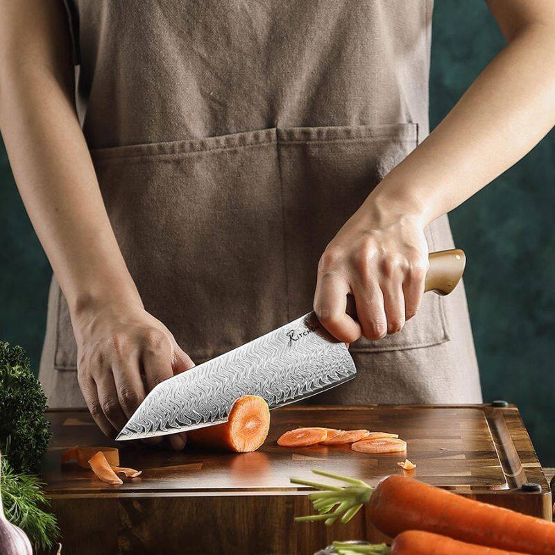 Left. Kitcheniva - 3-Piece 67 Layer Damascus Steel Kitchen Knife Set with Micarta Handle.