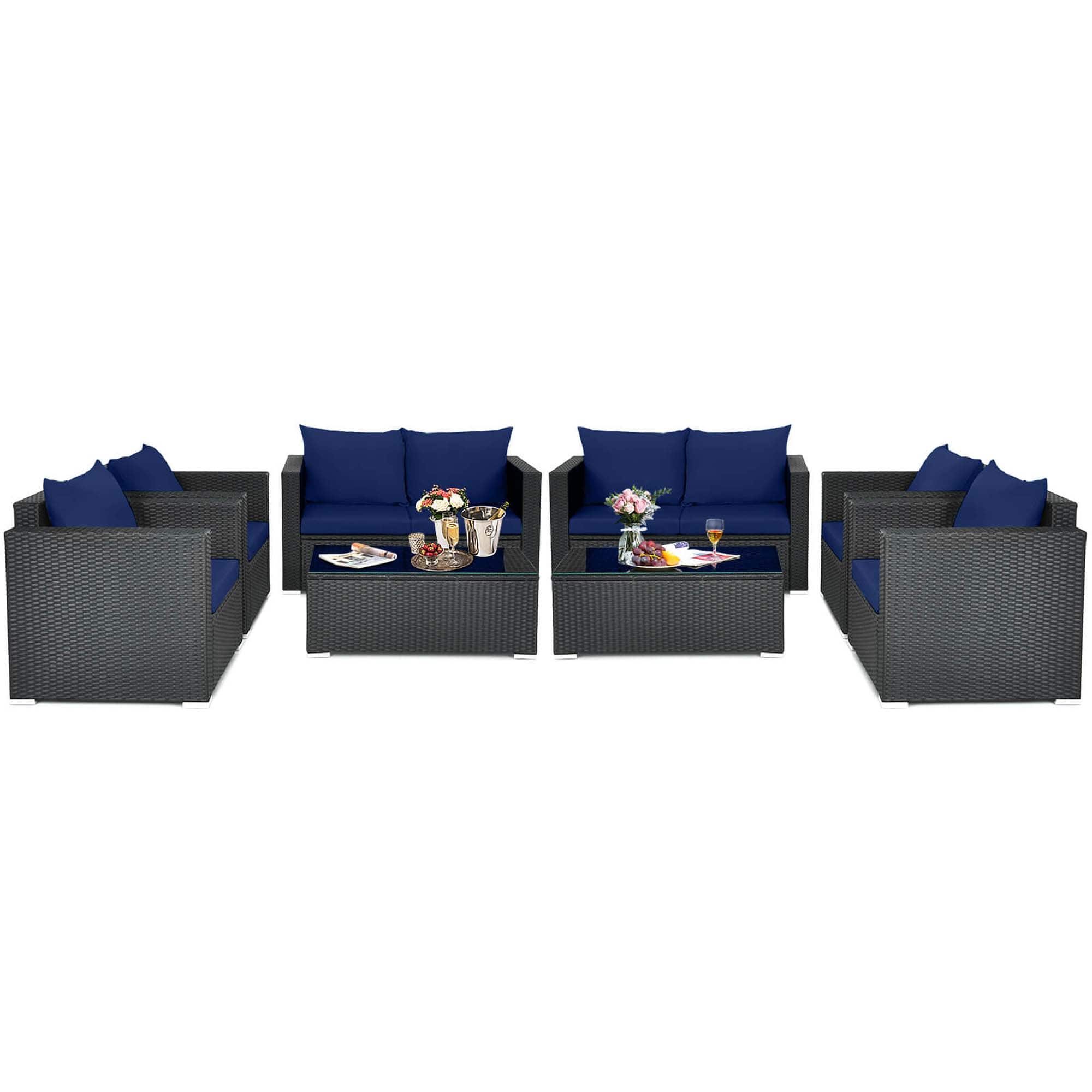 Front. Costway - 8 PCS Patio Rattan Furniture Set Cushioned Sofa Chair Coffee Table - Black,Blue.