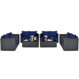Costway - 8 PCS Patio Rattan Furniture Set Cushioned Sofa Chair Coffee Table - Black,Blue
