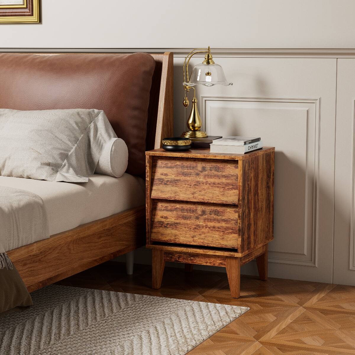 Alt View 1. Loheer - Loheer 2 Piece Nightstand Set, Mid Century Modern Brown MDF Bedroom Tables - Brown.