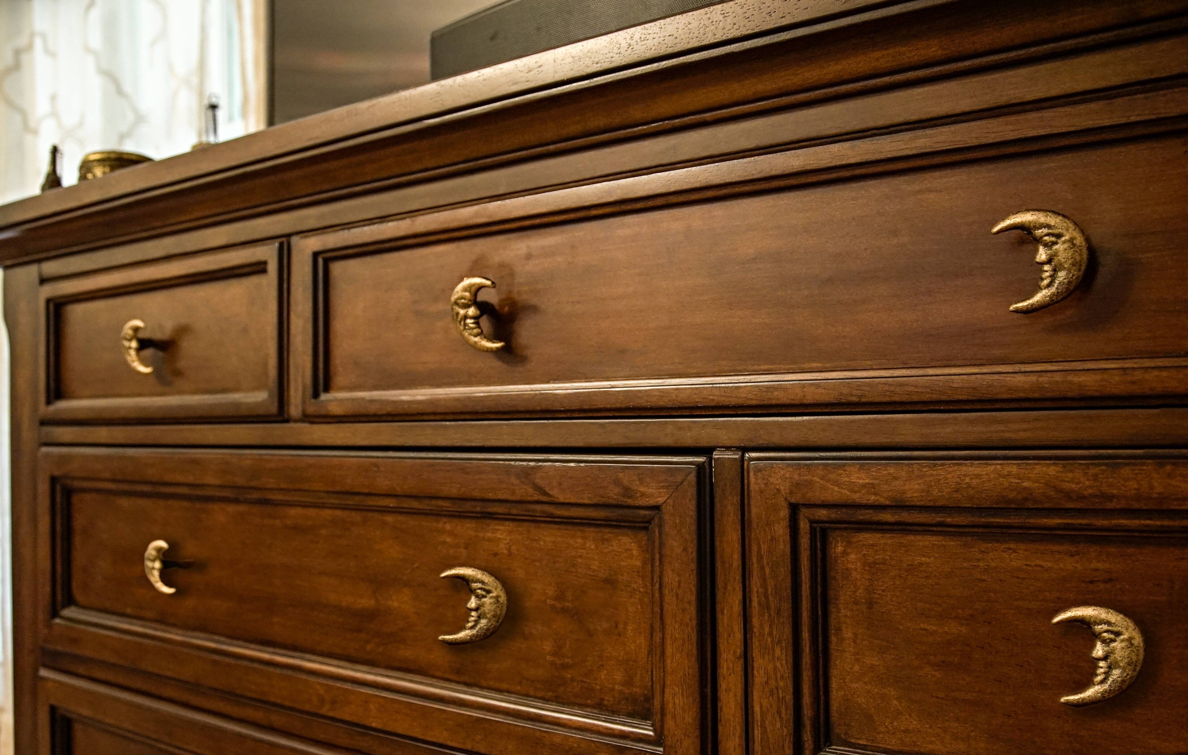 Alt View 5. Zeckos - Set of 6 Gold Cast Iron Crescent Moon Face Drawer Pulls Decorative Cabinet Knobs - Gold.