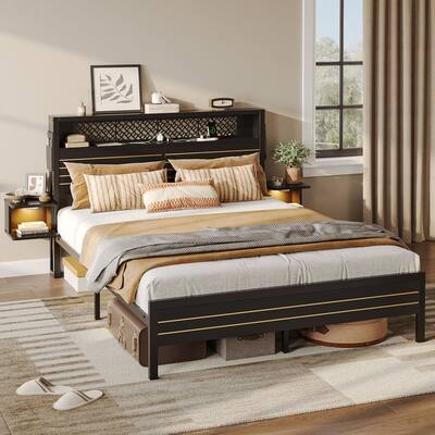 queenbee Bestier Queen Gaming Bed Frame Golden Stripe Headboard LED