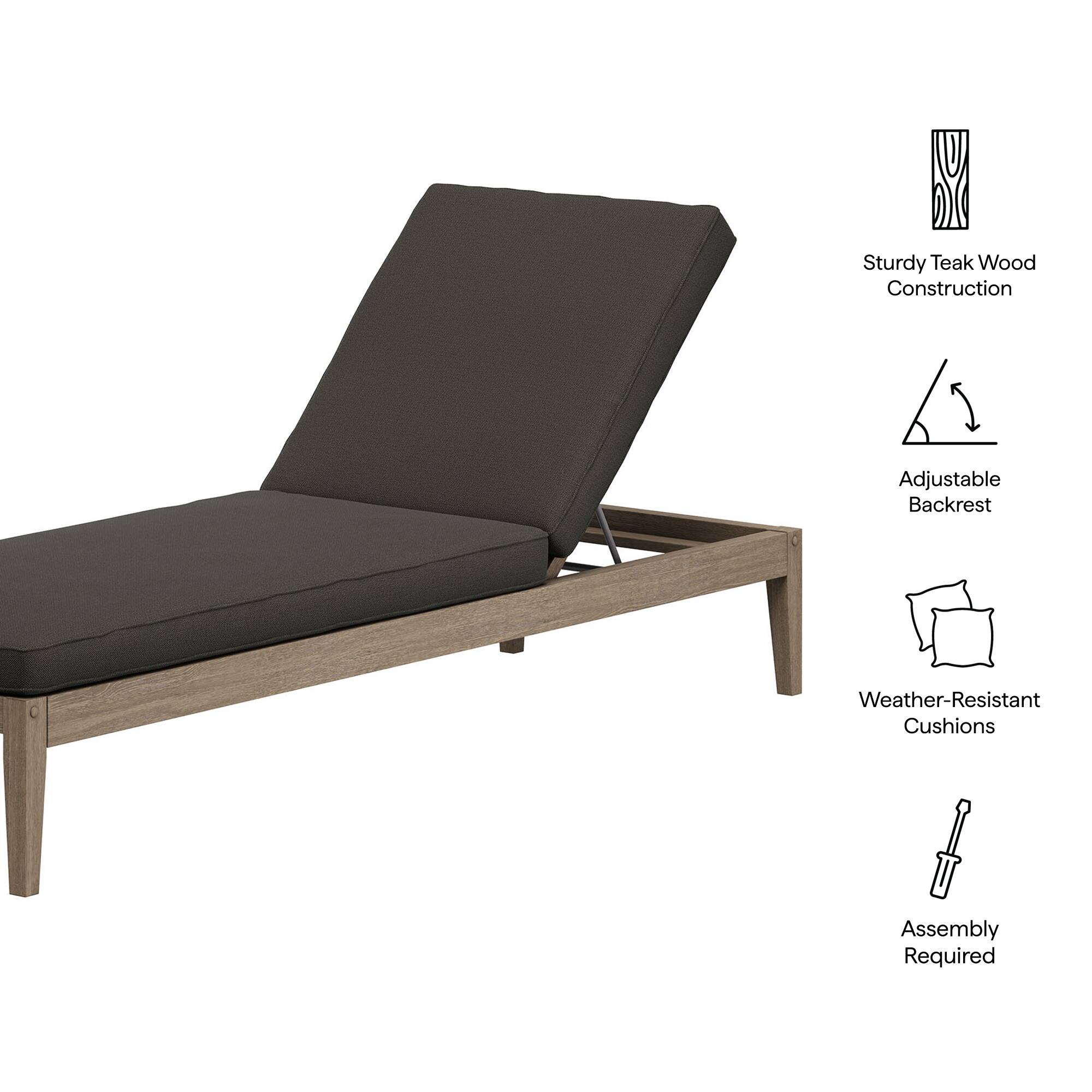 Sturdy Teak Wood Construction  
Adjustable Backrest  
Weather-Resistant Cushions  
Assembly Required