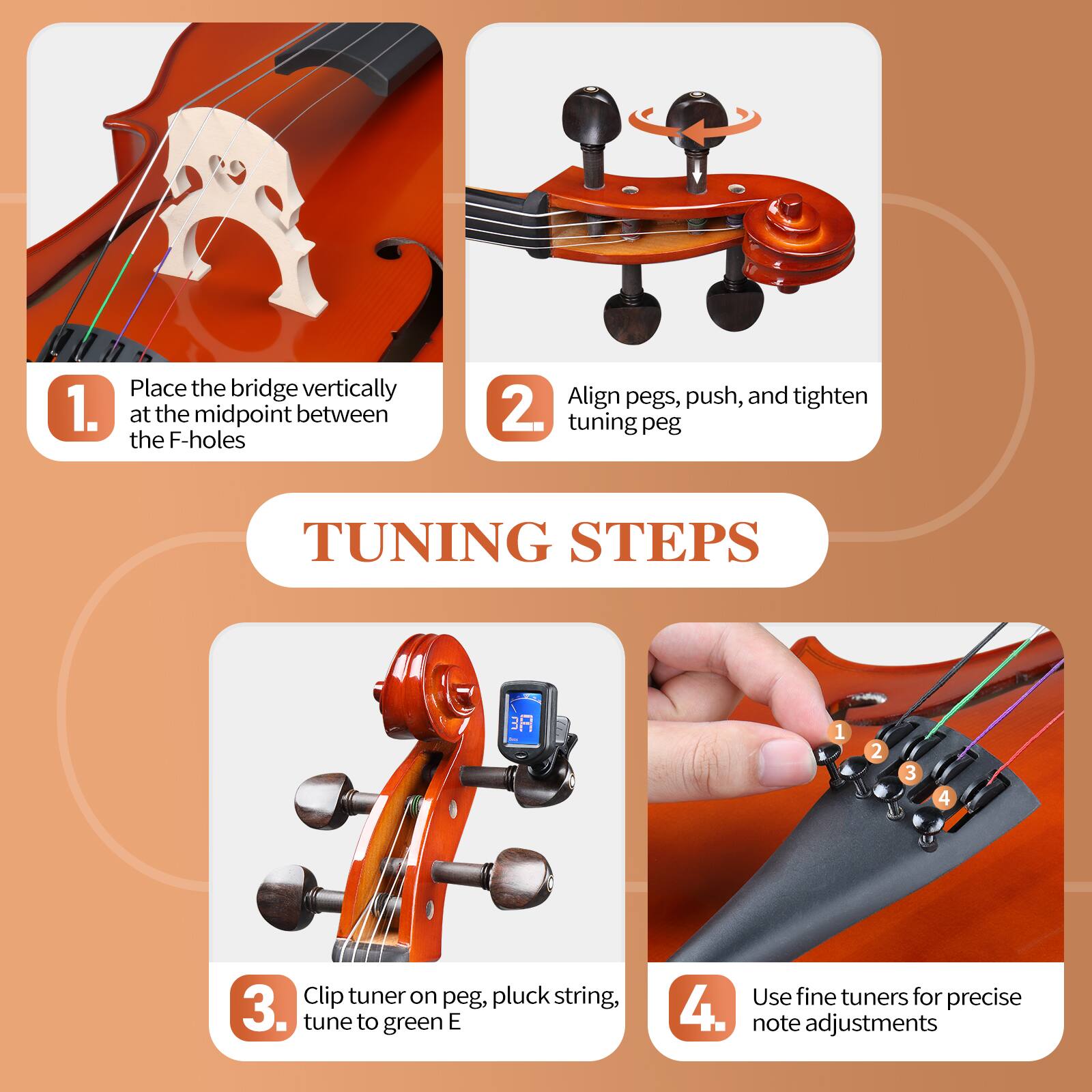 1. Place the bridge vertically at the midpoint between the F-holes
2. Align pegs, push, and tighten tuning peg
3. Clip tuner on peg, pluck string, tune to green E
4. Use fine tuners for precise note adjustments