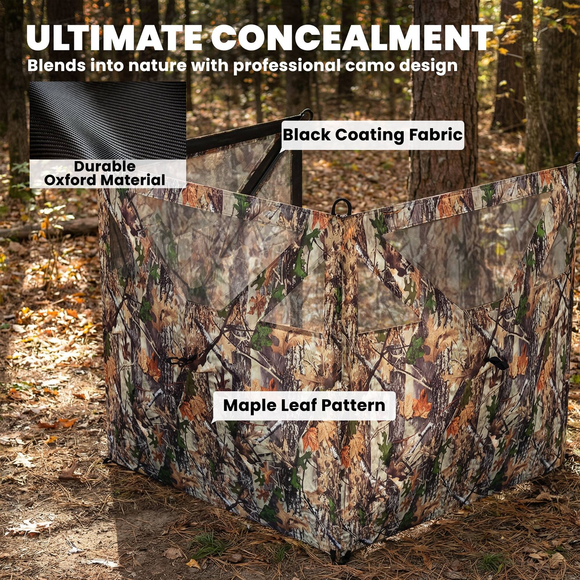 ULTIMATE CONCEALMENT  
Blends into nature with professional camo design  

- Durable Oxford Material  
- Black Coating Fabric  
- Maple Leaf Pattern