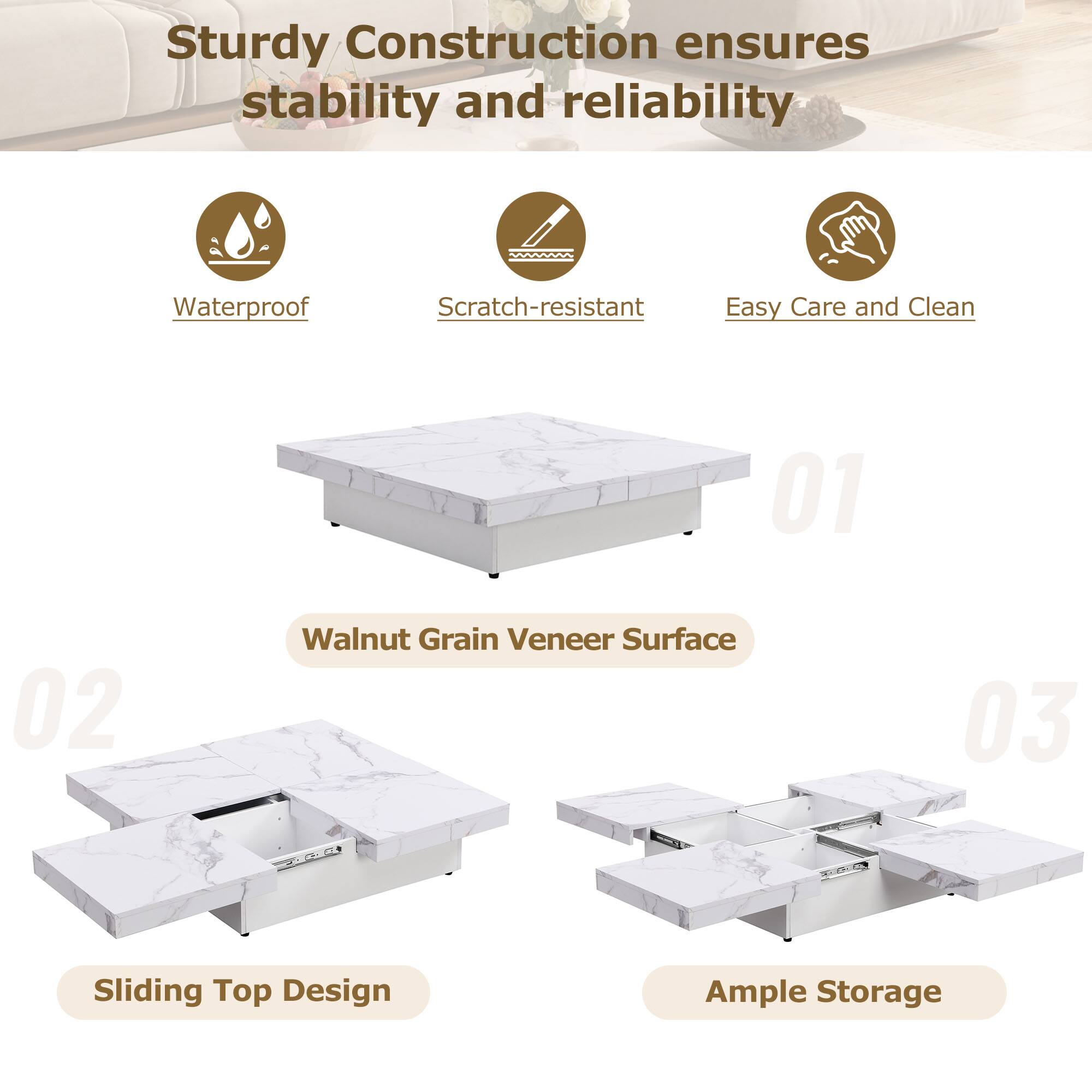 Sturdy Construction ensures stability and reliability

- Waterproof
- Scratch-resistant
- Easy Care and Clean

01 Walnut Grain Veneer Surface

02 Sliding Top Design

03 Ample Storage