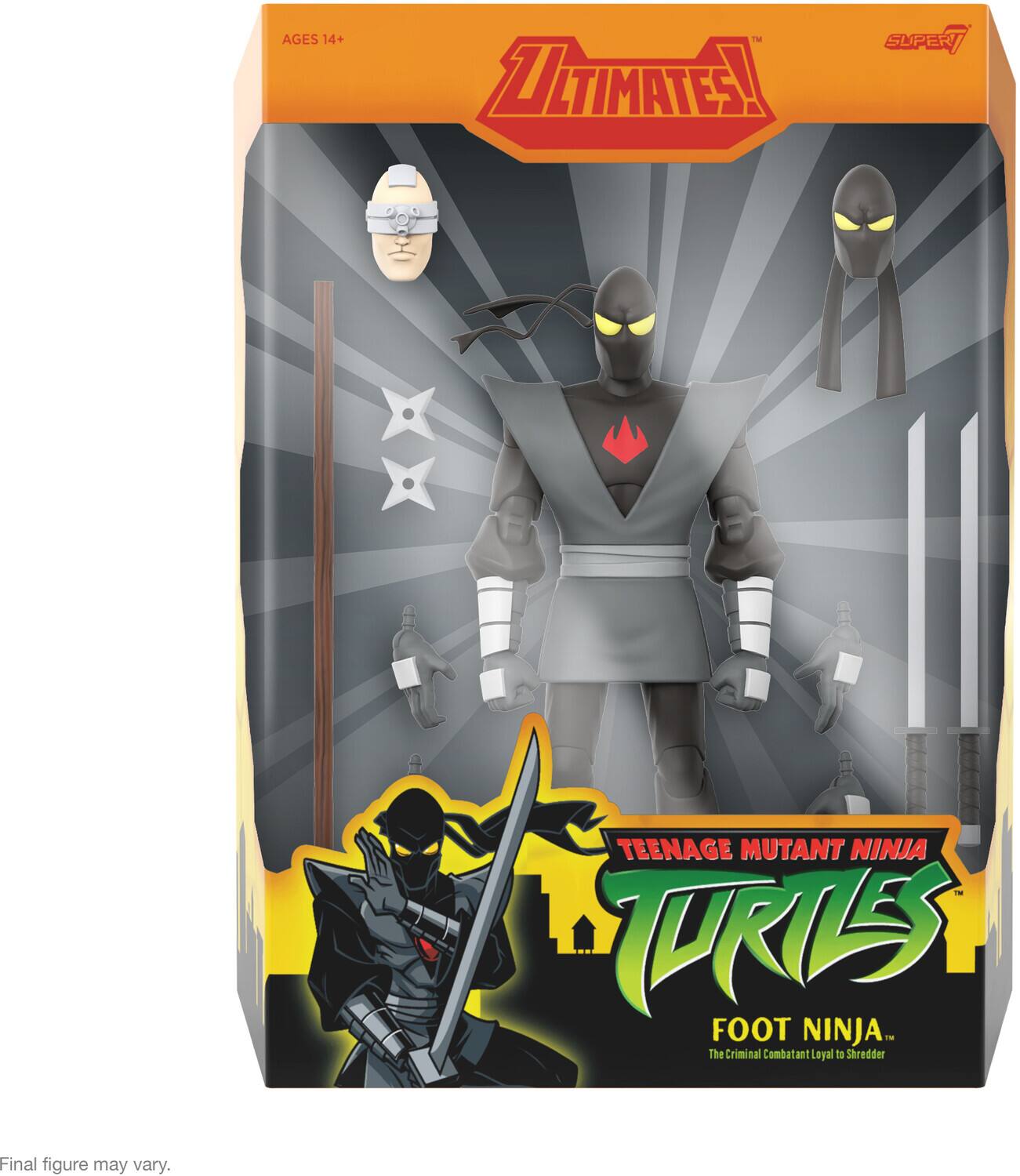 AGES 14+ TM ULTIMATES! SUPER 7 TEENAGE MUTANT NINJA TURTLES FOOT NINJA. The Criminal Combatant Loyal to Shredder. Final figure may vary.