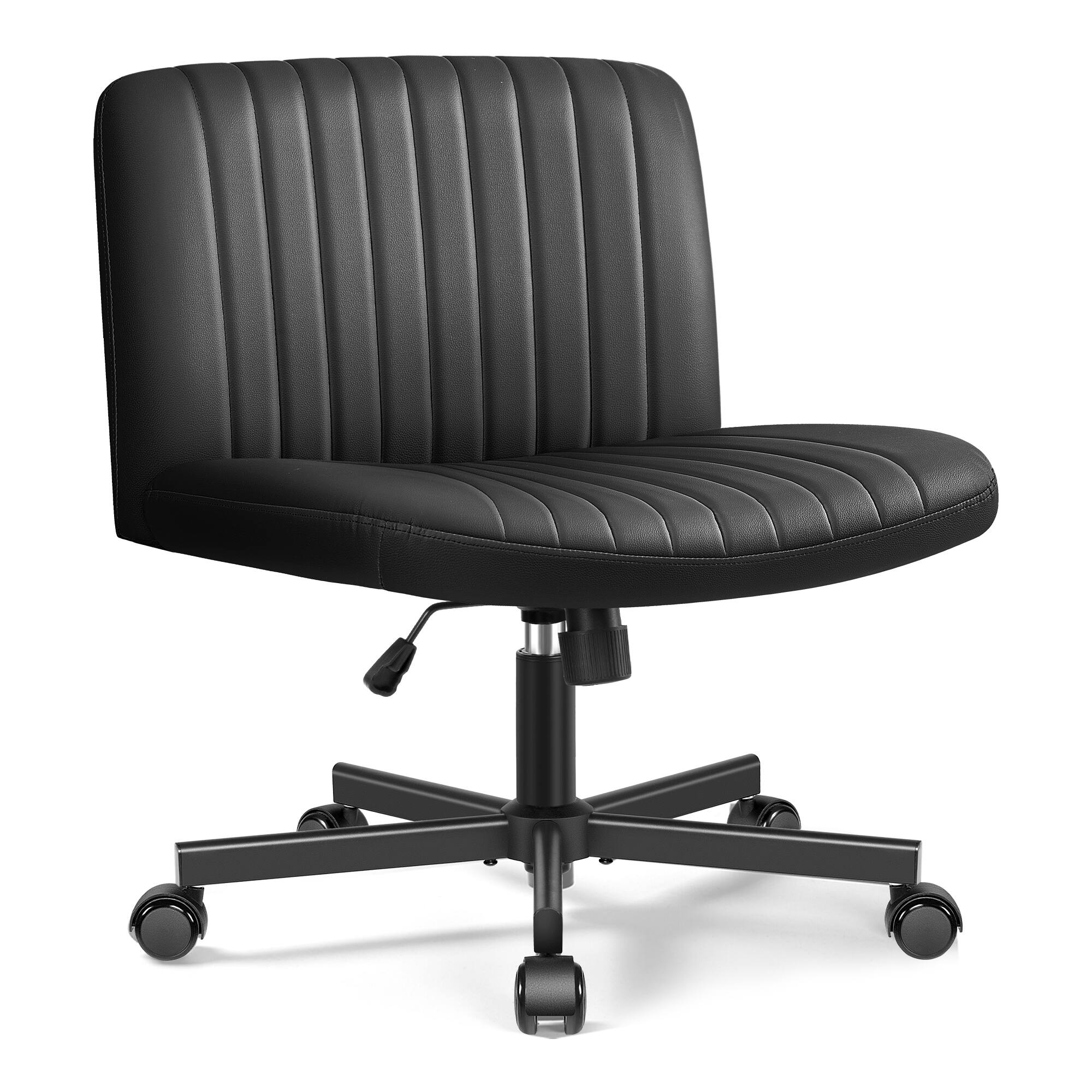 Alt View 4. KERDOM - Armless Wide Seat PU leather Vanity Chair with Wheels, Mid Back Swivel Cross Legged Office Chair, Height Adjustable - Black.