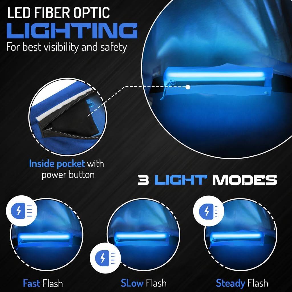 LED FIBER OPTIC LIGHTING  
For best visibility and safety  

Inside pocket with power button  

3 LIGHT MODES  
- Fast Flash  
- Slow Flash  
- Steady Flash
