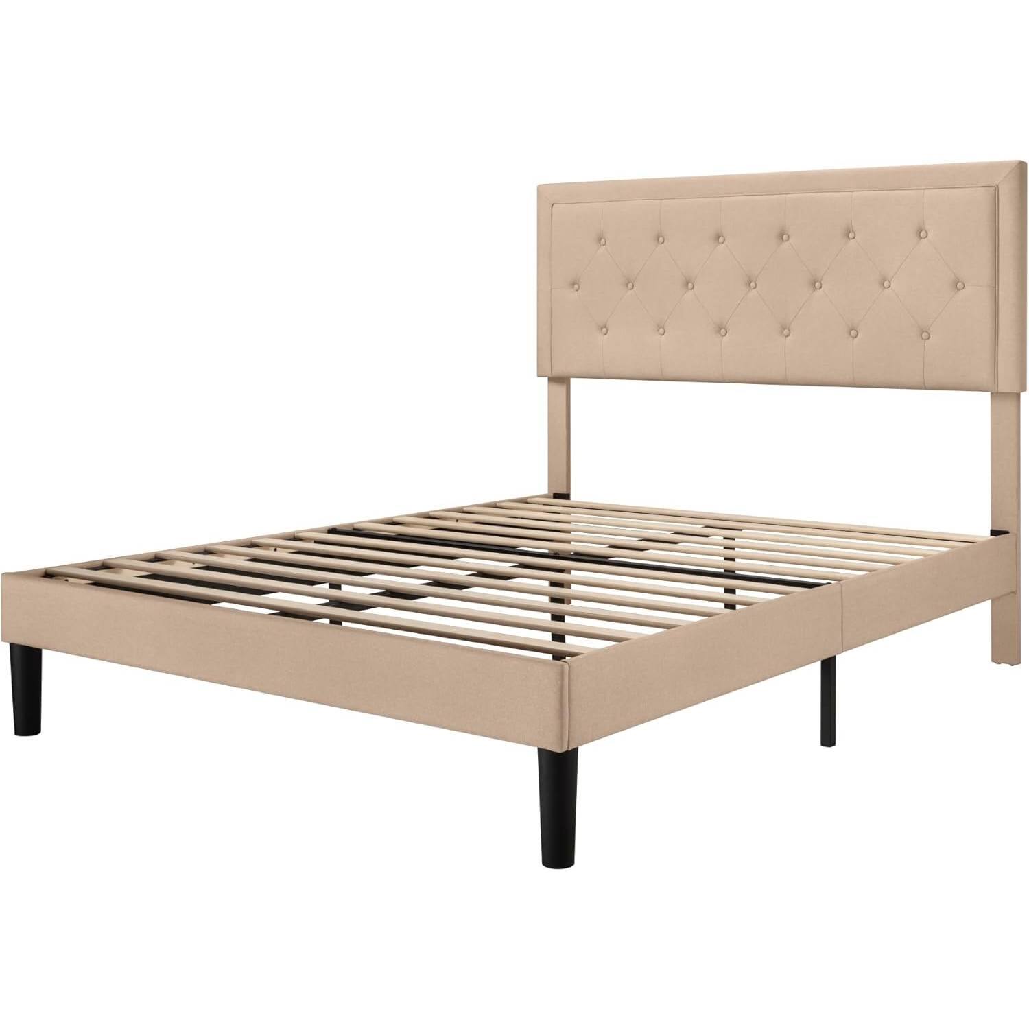 Left. Hivvago - Hivvago Queen size Linen Platform Bed Frame with Button Tufted Headboard - Beige.