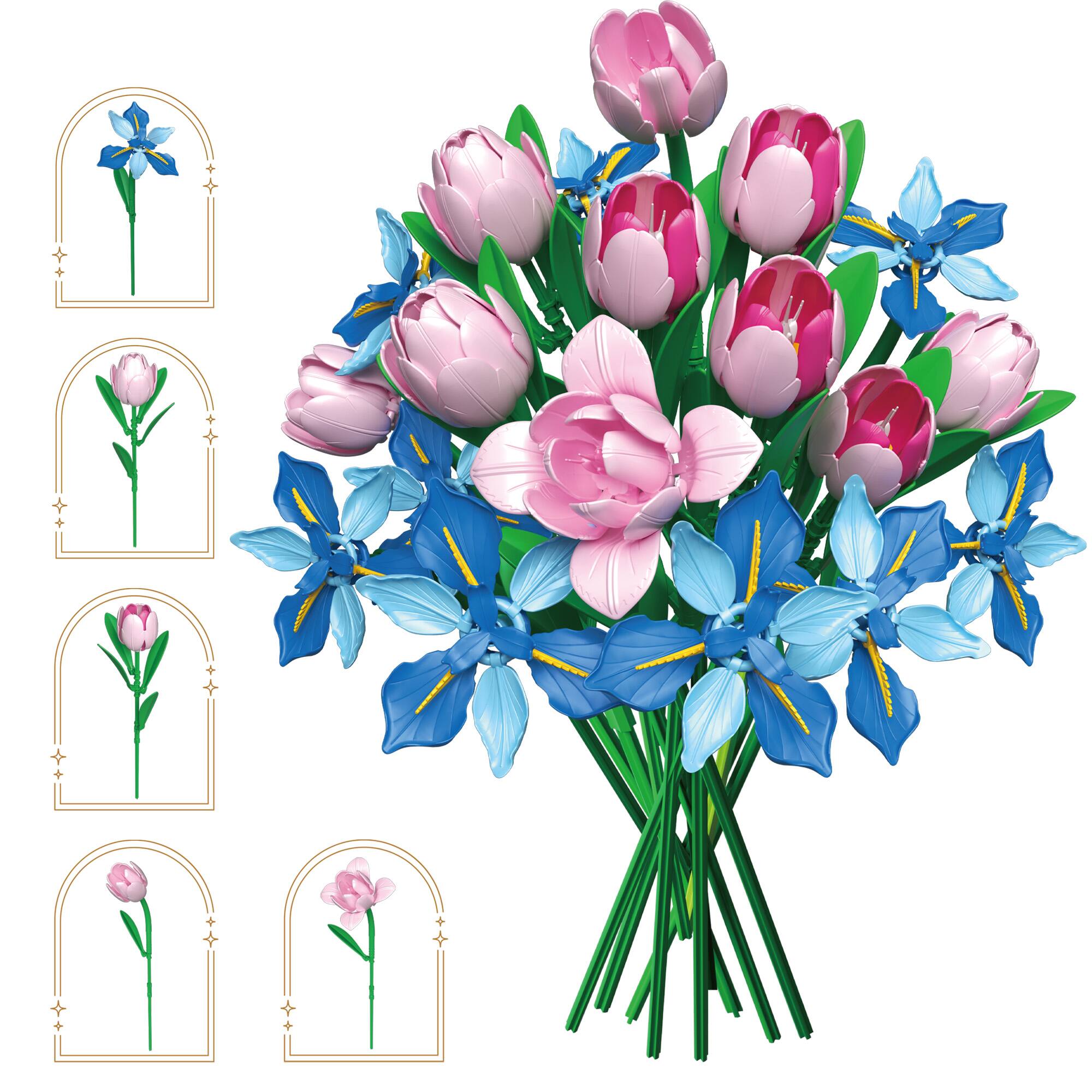 Angle. Contixo - BK08 Flower Bouquet Building Set, 428-Piece Botanical Brick Kit with Adjustable Stems for Ages 8+ - Blue.