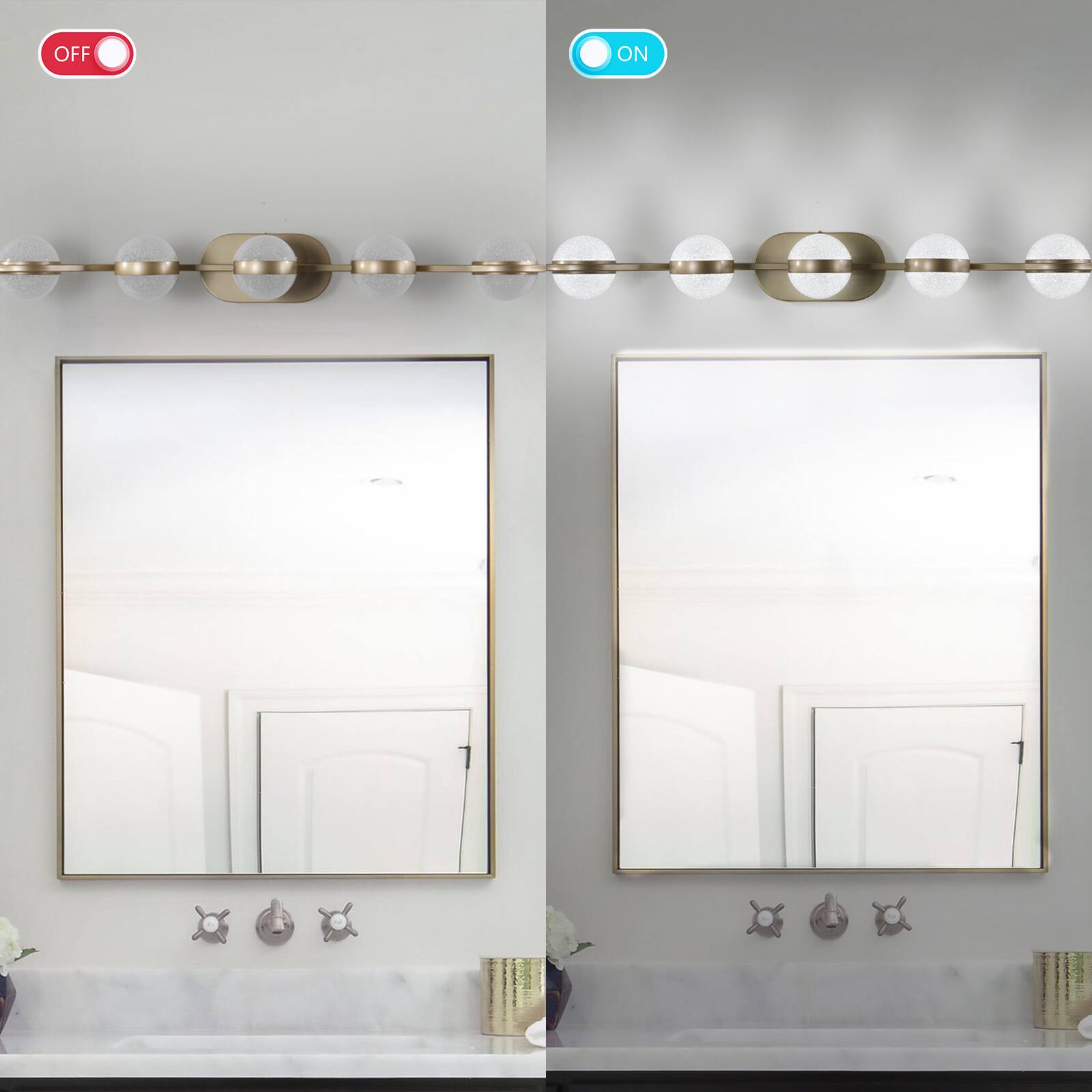 Left. Akoasm - 35" Modern 5-Light Bathroom Vanity Light with Crystal Sand Shades, Champagne Gold, Energy-Efficient LED, Wall Mounted.