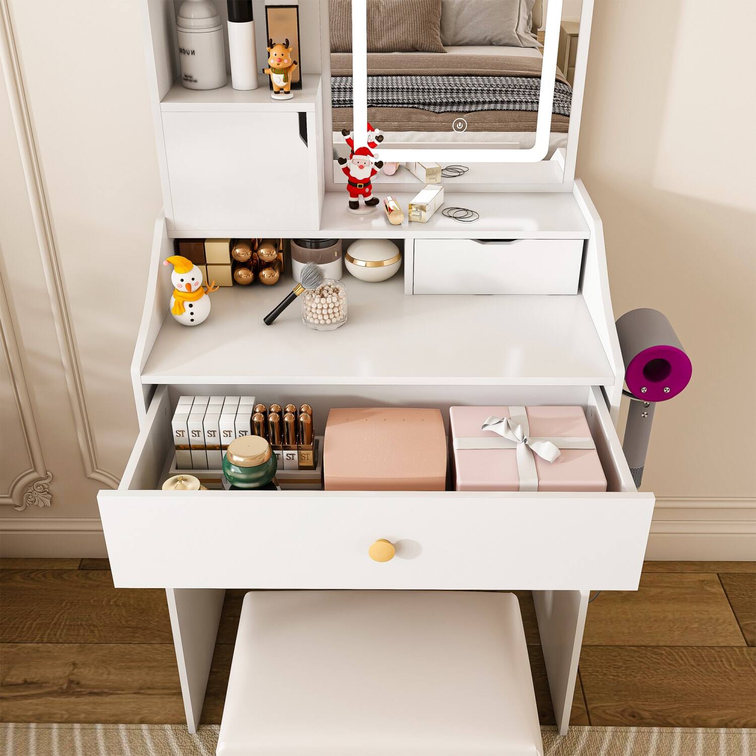 Left. Lirago - White Wood Dressing Table Desk with LED Mirror Charging Station and Storage Stool 17.7" D x 43.3" W x 53.1" H - White.