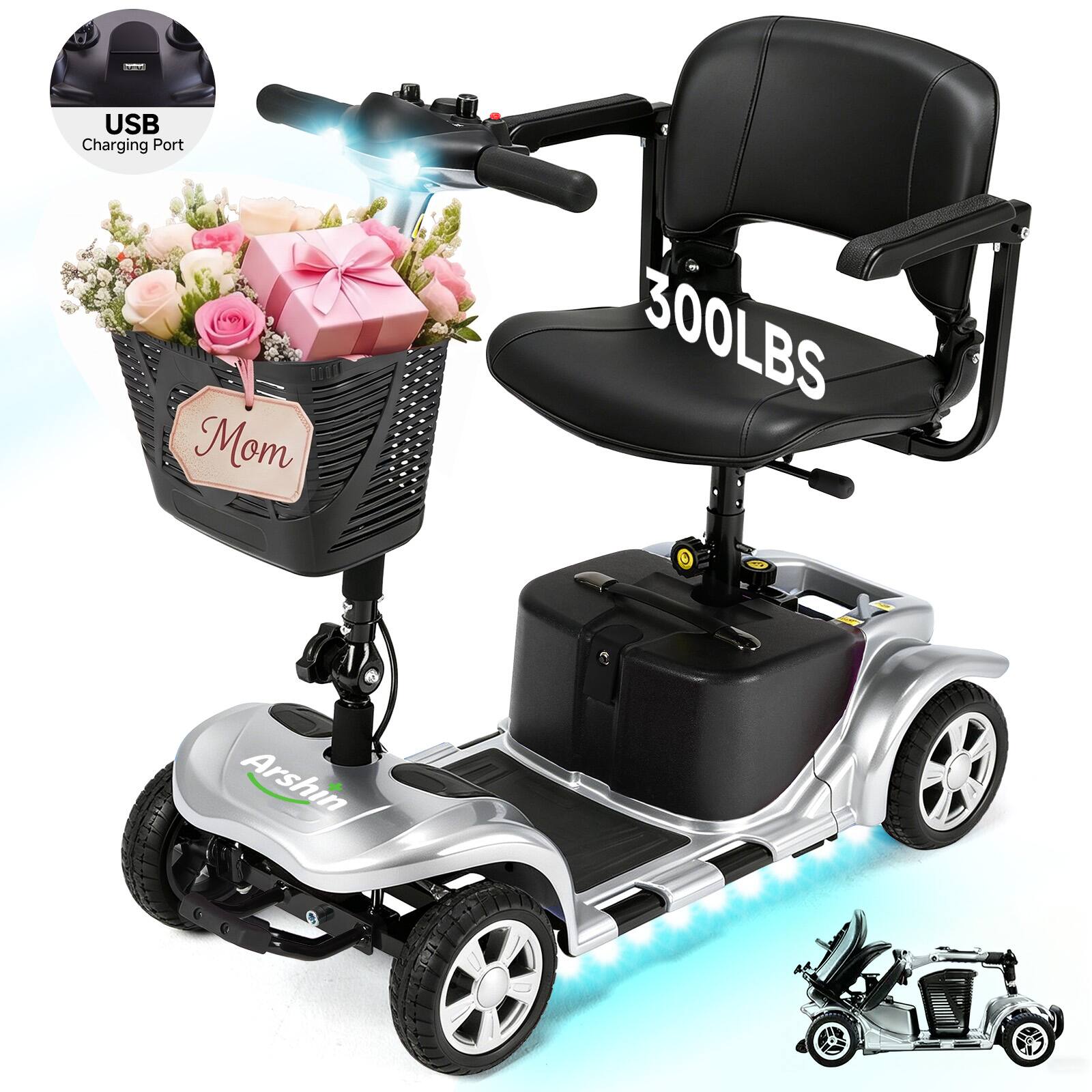 Hover Heart - Electric Mobility Scooter for Adults, Portable 4 Wheel Travel Scooter with Adjustable Seat and LED Light - Silver price history on PriceWatchPro
