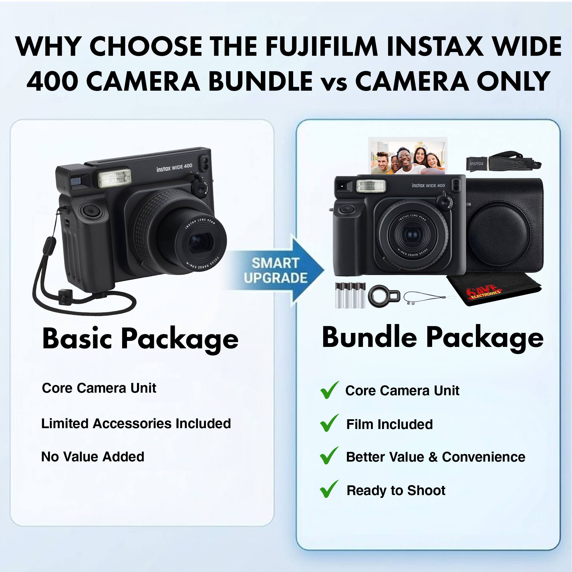 WHY CHOOSE THE FUJIFILM INSTAX WIDE 400 CAMERA BUNDLE vs CAMERA ONLY

**Basic Package**
- Core Camera Unit
- Limited Accessories Included
- No Value Added

**Bundle Package**
- Core Camera Unit
- Film Included
- Better Value & Convenience
- Ready to Shoot

SMART UPGRADE