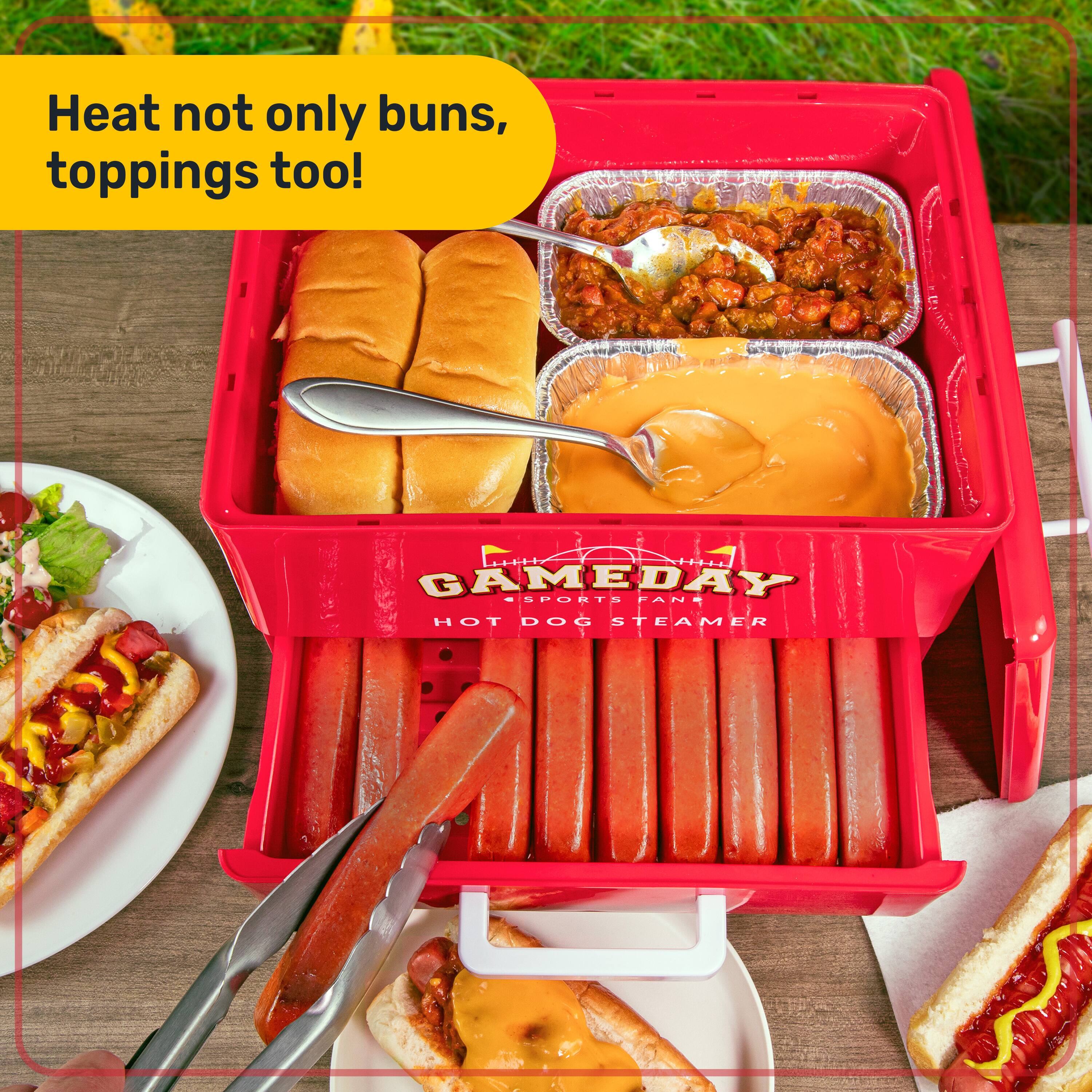 Heat not only buns, toppings too!  
GAMEDAY SPORTS FAN HOT DOG STEAMER