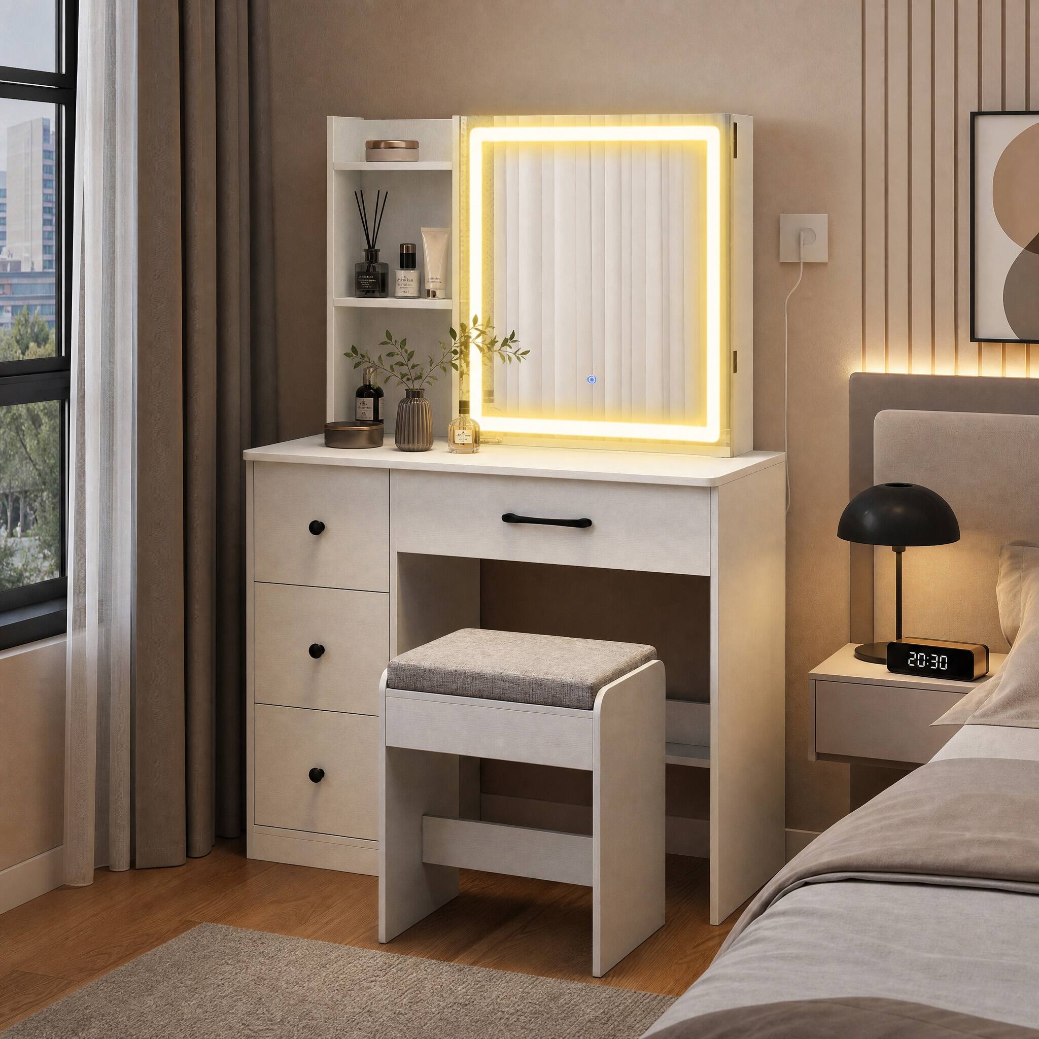 WELLFOR - Makeup Vanity Desk with Sliding 3‑Color LED Lighted Mirror, 4 Drawers and Removable‑Cushion Padded Stool for Bedroom - White